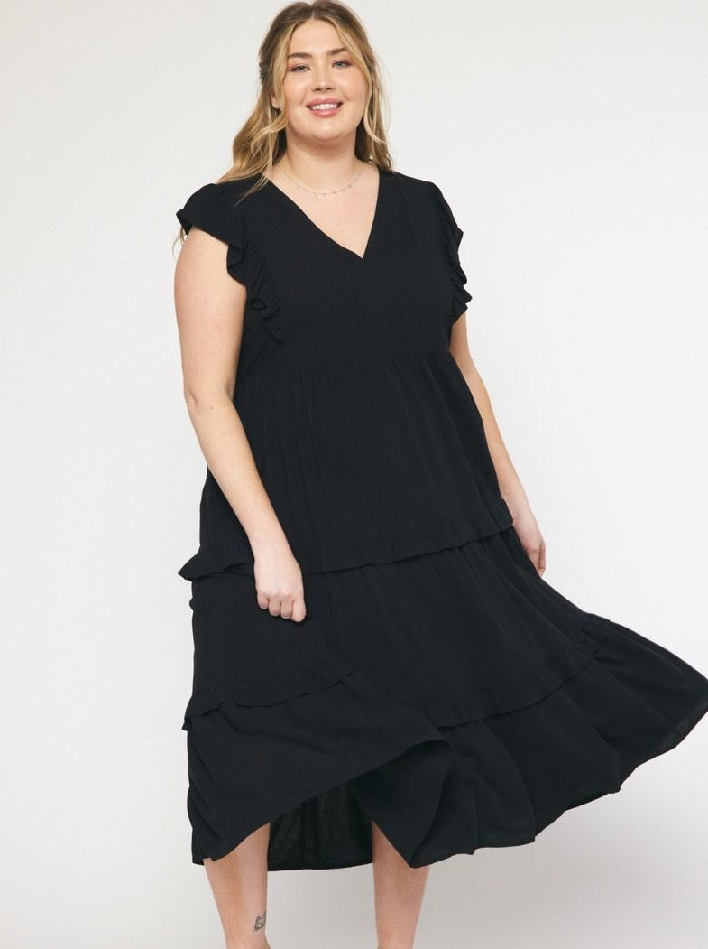 Janis  V-Neck Ruffle Dress, Black