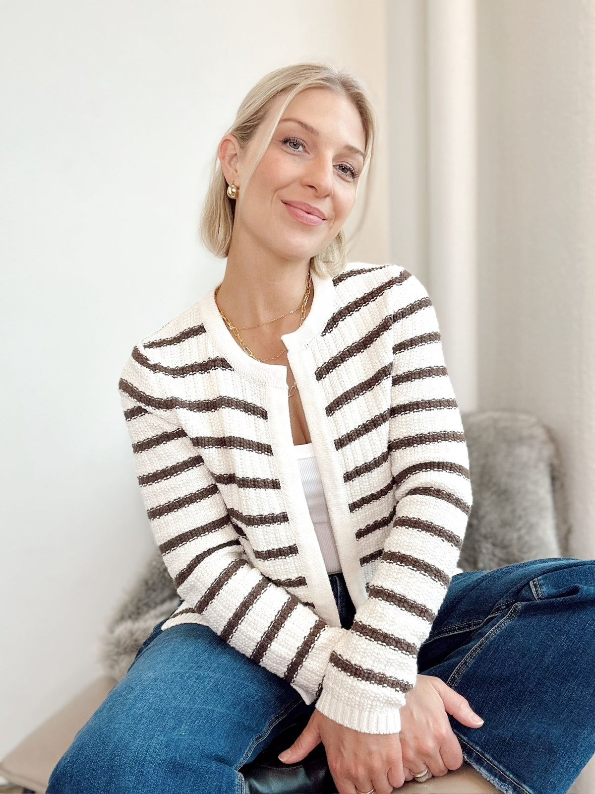 Tara Stripe Open Cardigan Brown