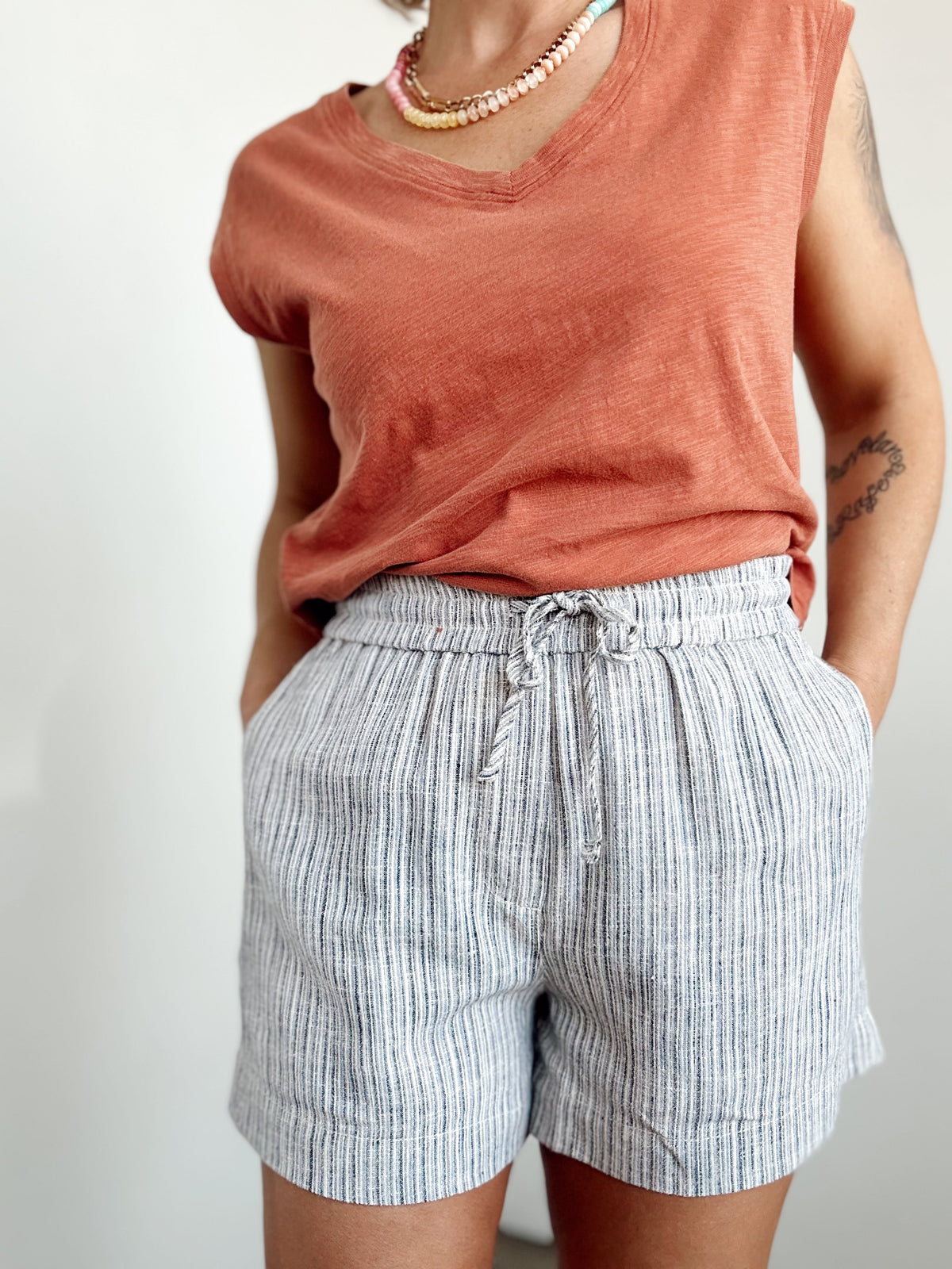 Desi Linen Blend Striped Shorts Slate