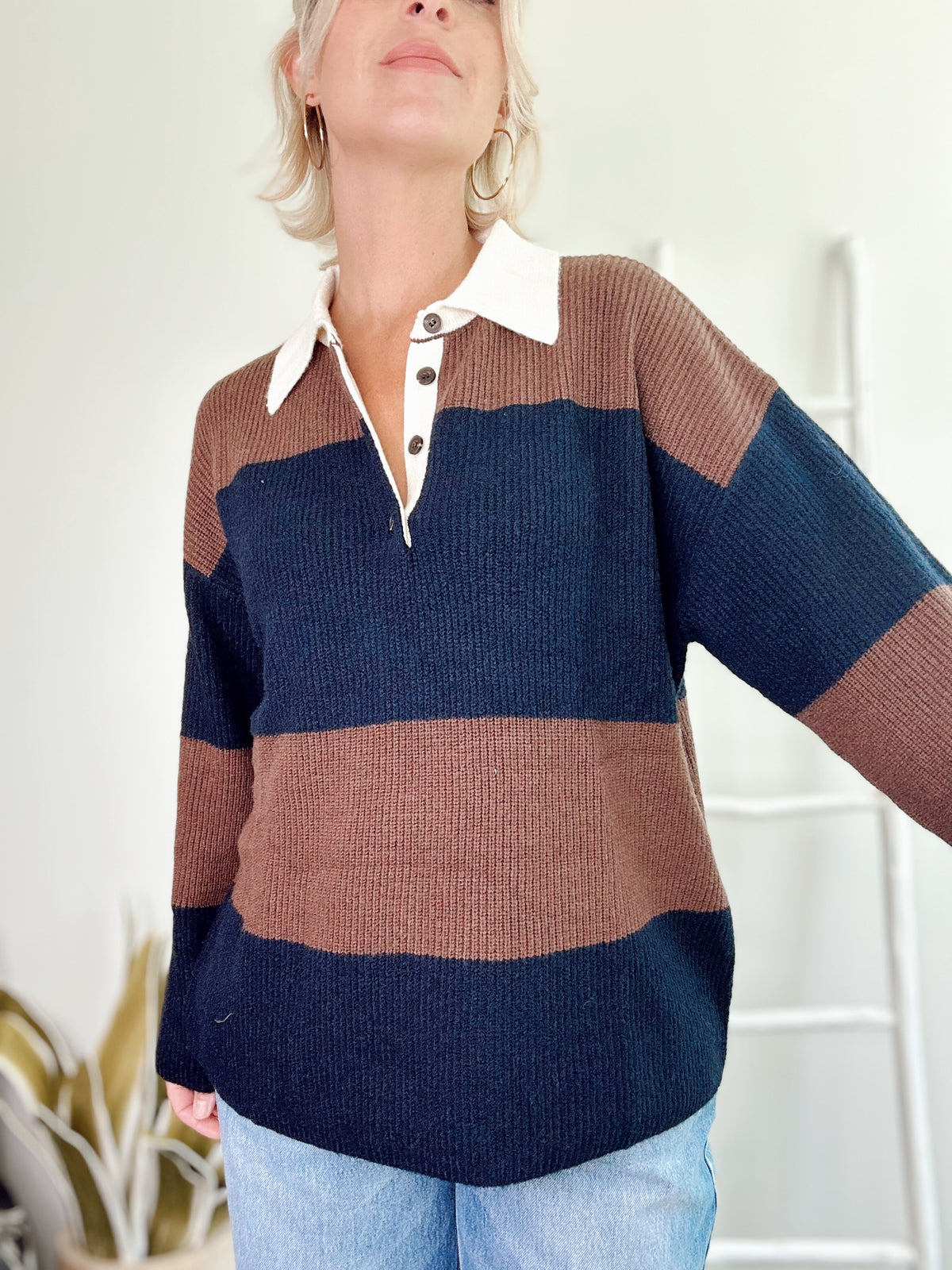 Maddy Wide Stripe Polo Sweater Navy