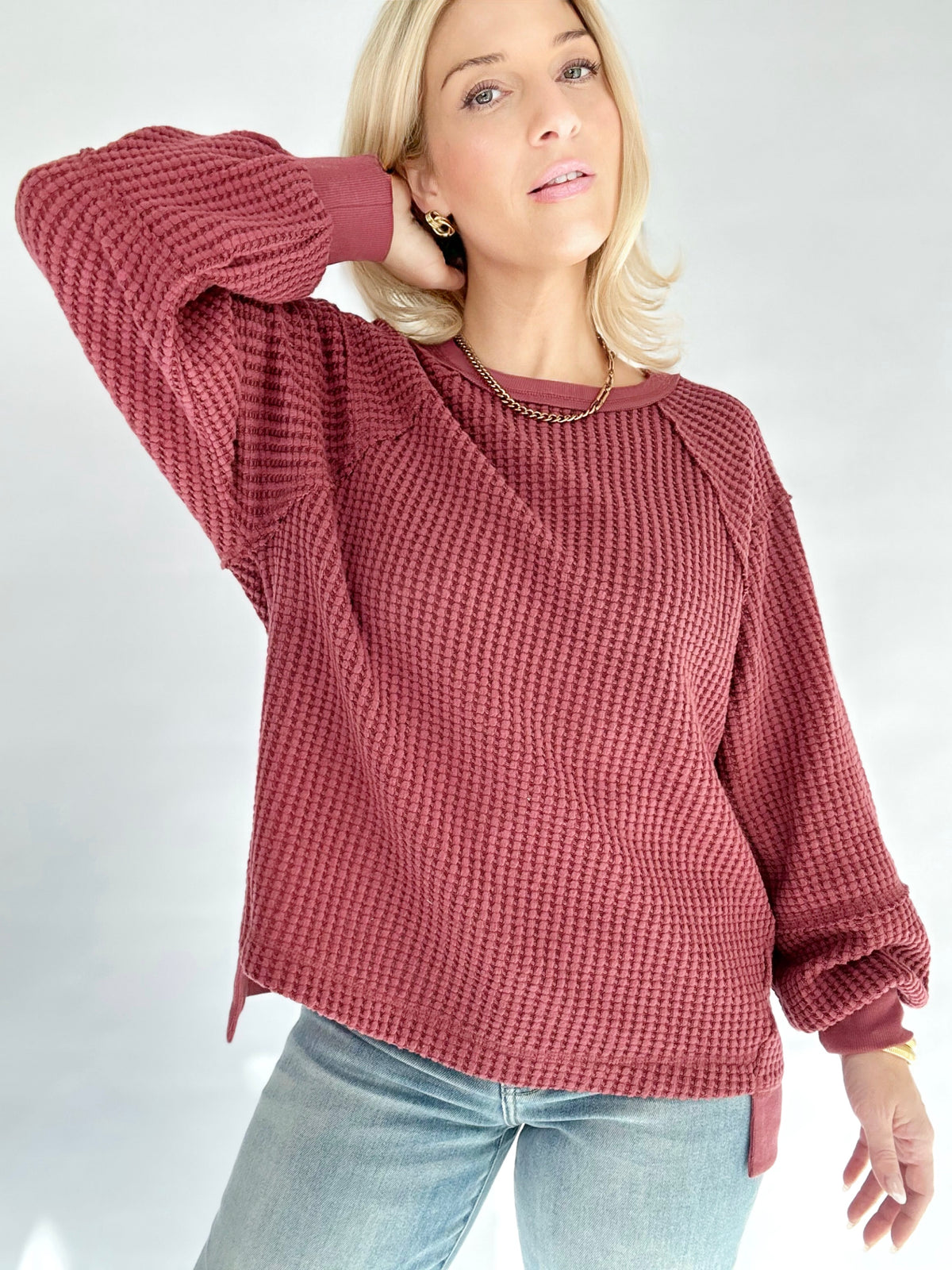Tabitha Waffle Patch Detail Pullover Burgundy