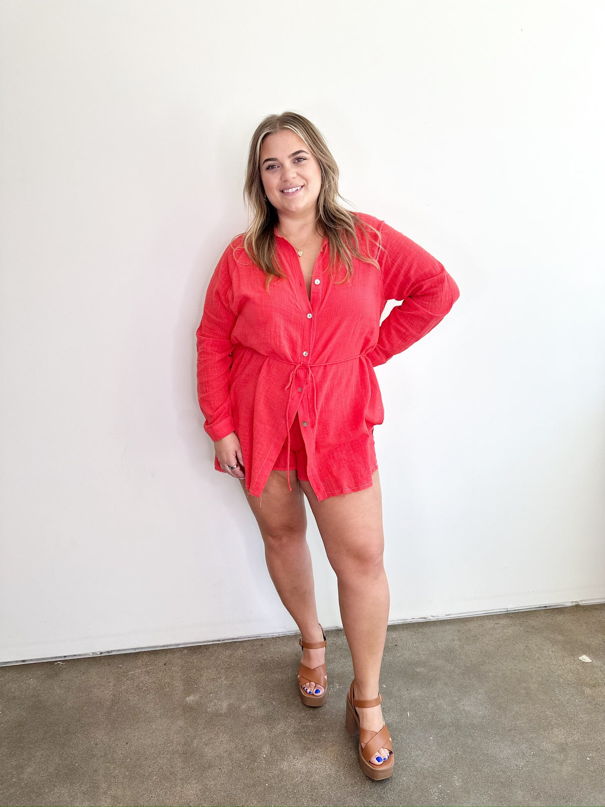Rebecca Shirt Romper Coral Red