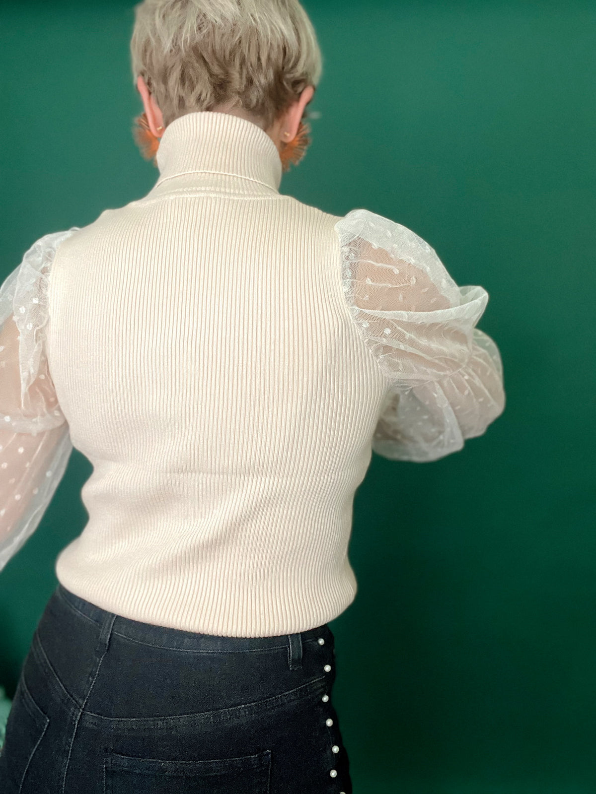 Essie Sheer Polka Dot Sleeve Turtle Neck Top