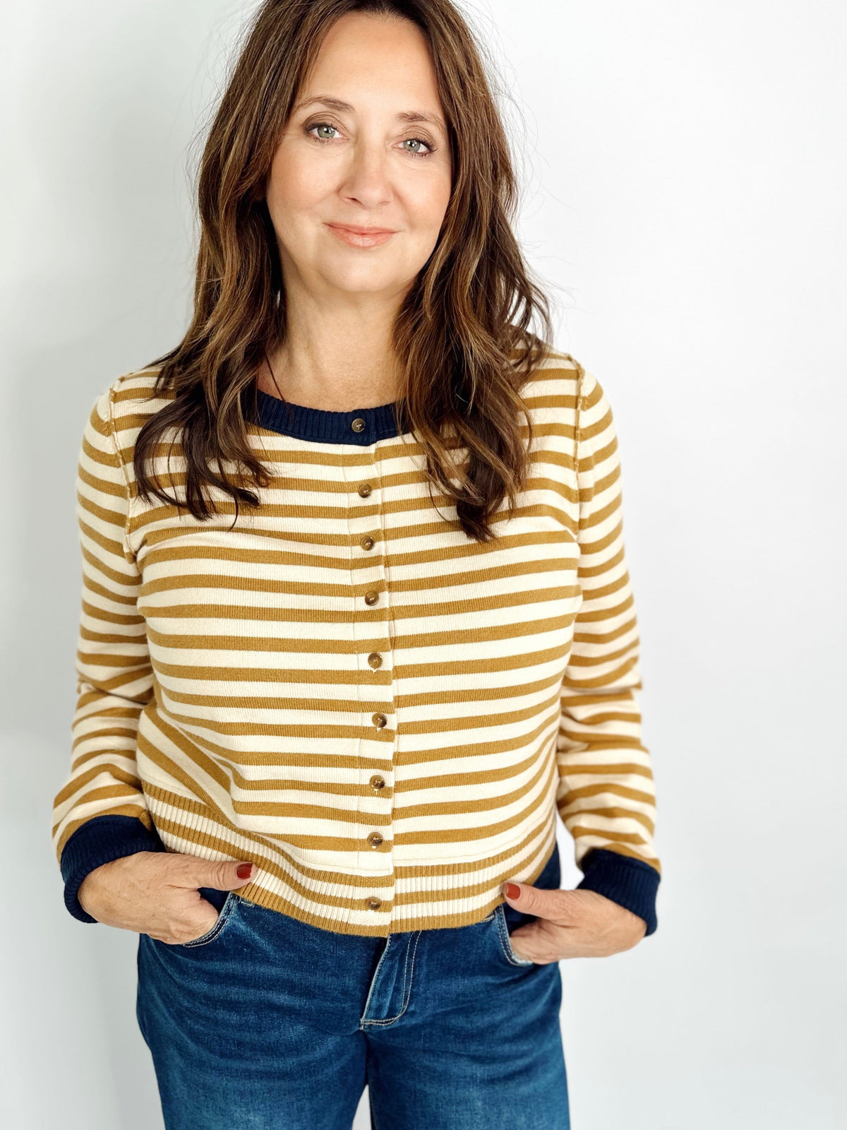 Faith Stripe Button Down Cardigan Mustard/Navy