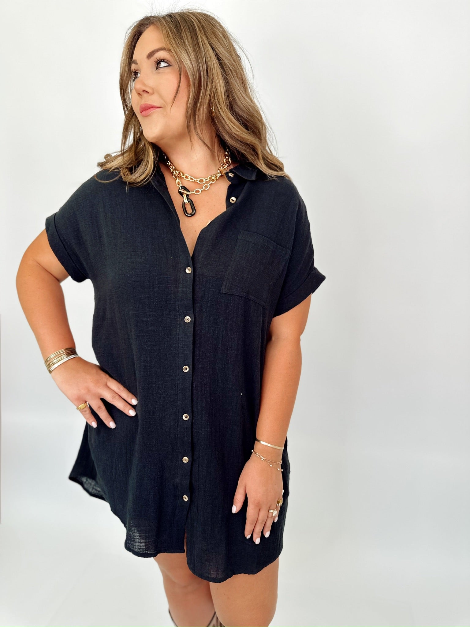 Penelope Button Up Shirt Mini Dress Black