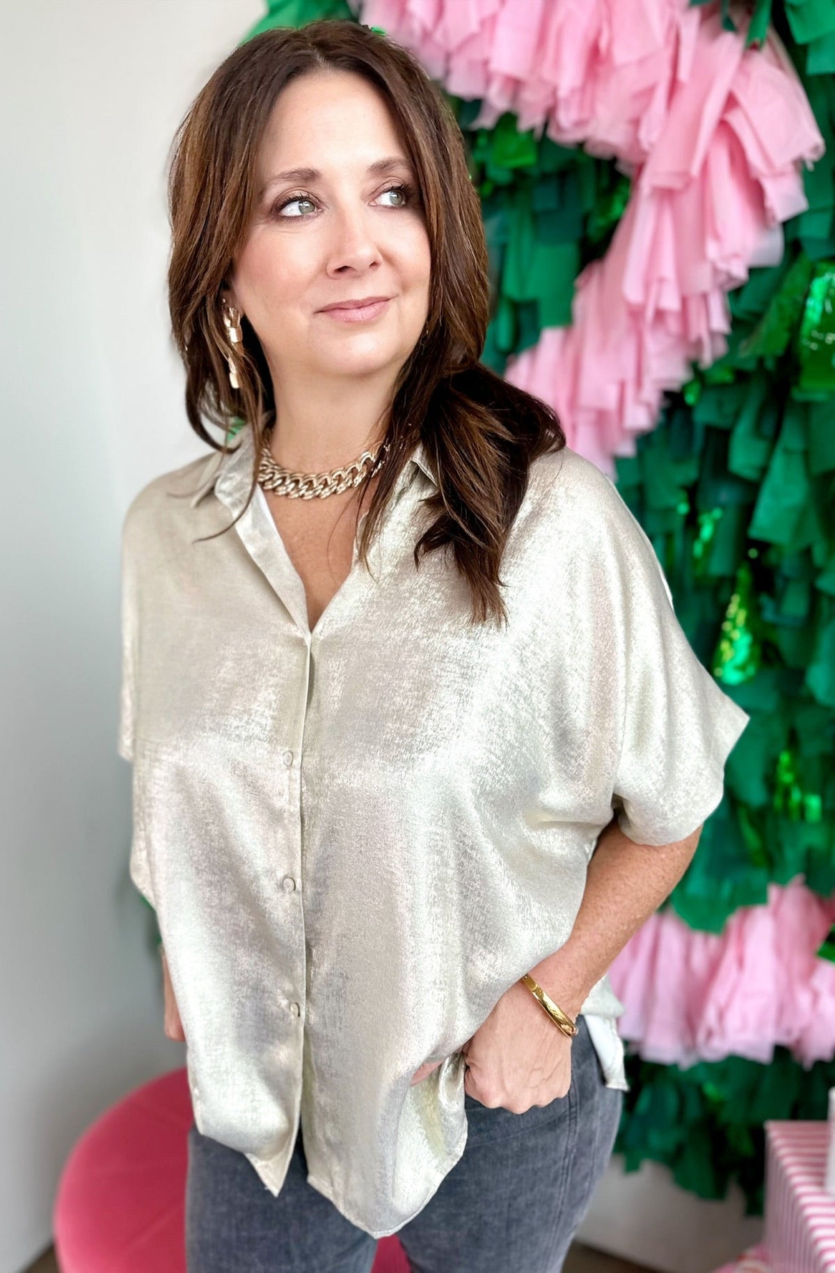 Victoria Metallic Blouse Champagne