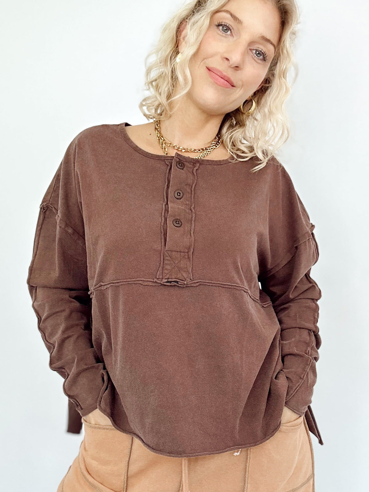 Nadia Oversized Henley Top Dark Brown