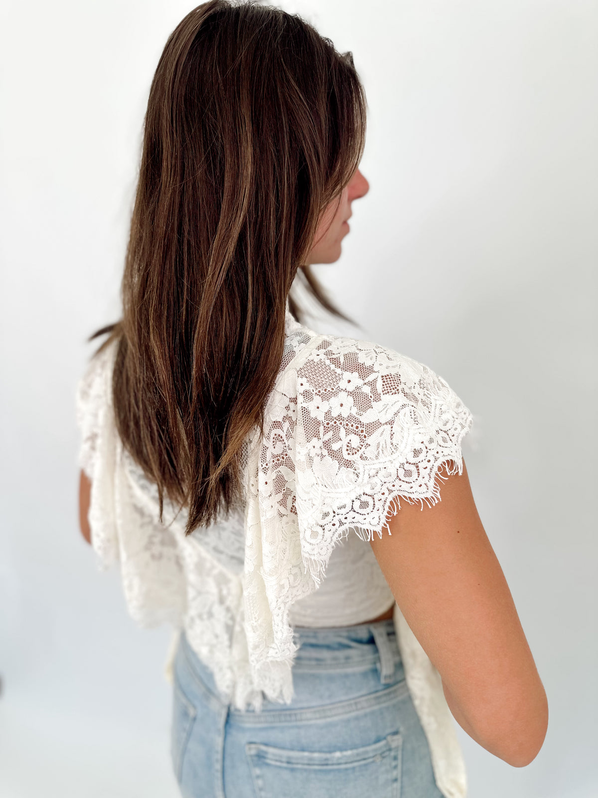 Erin Sheer Floral Lace Ruffle Cropped Blouse