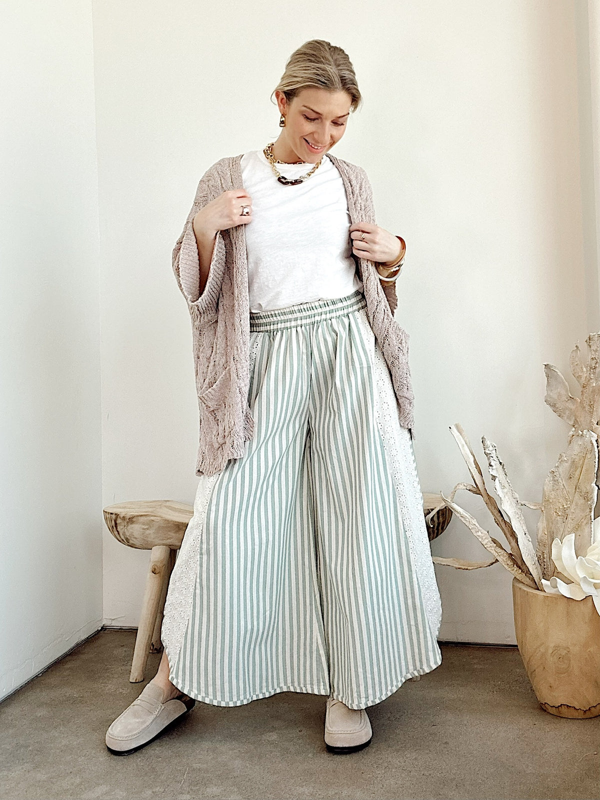 Becky Striped Wide Leg Pants Eucalyptus