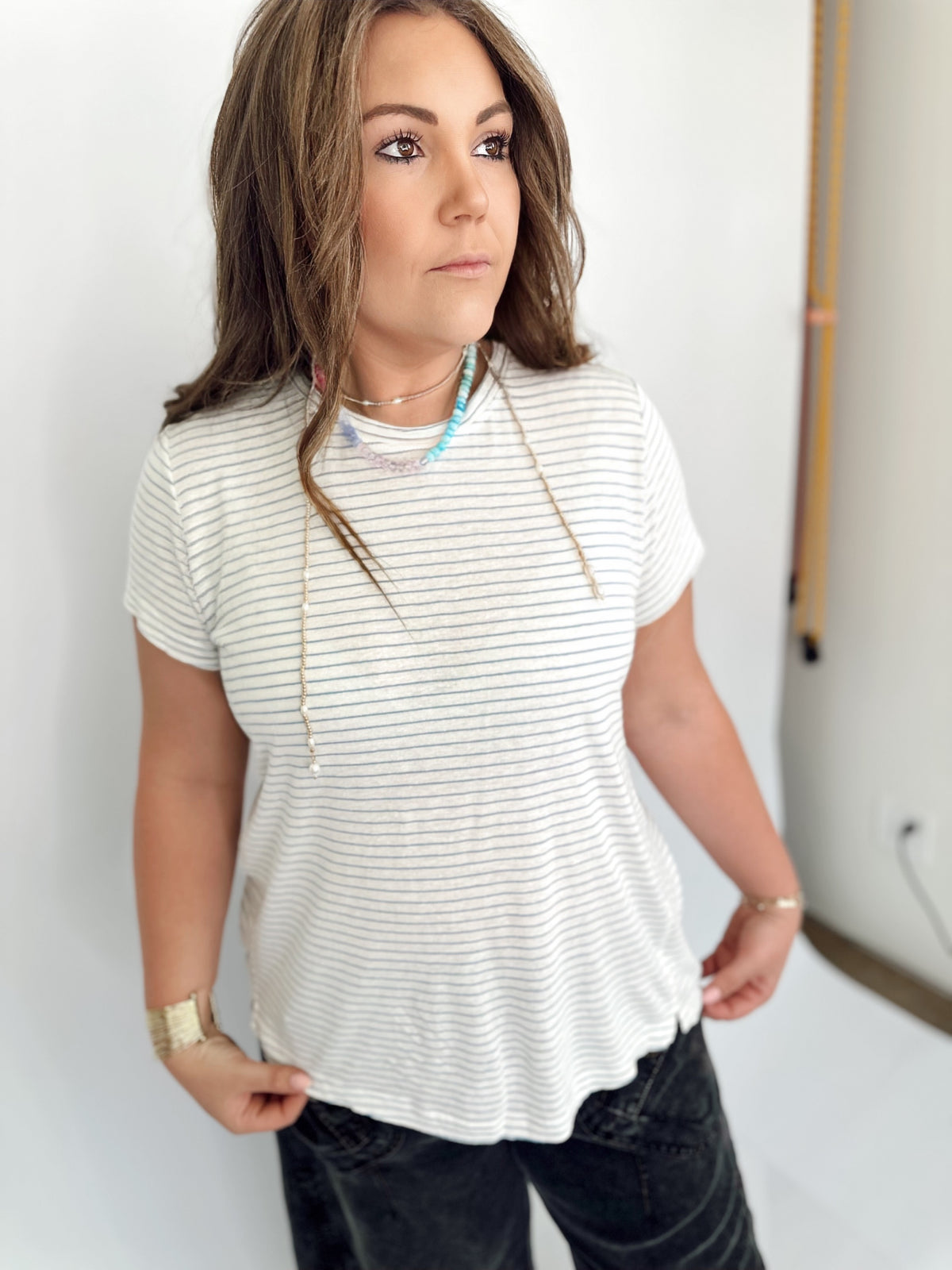 Lilah Linen Blended Striped Tee Retro Blue