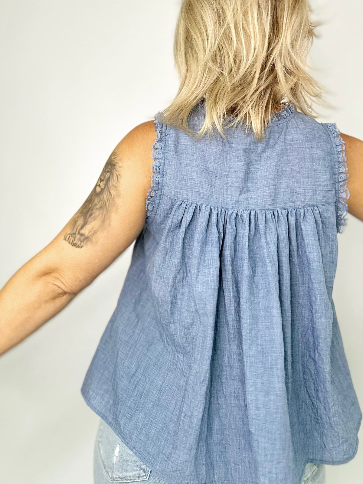 Blaire Boho Lace Ruffle Blouse Denim Blue
