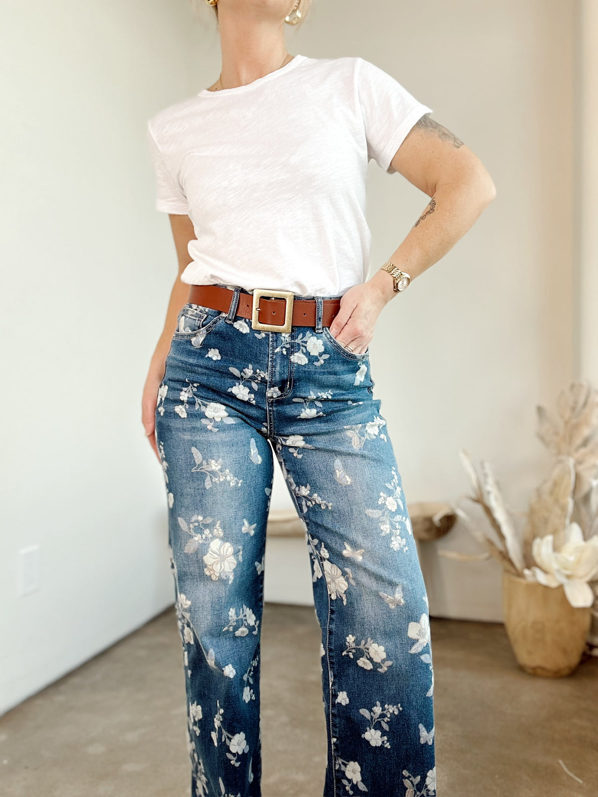 Joey Floral High Rise Wide Leg Jeans