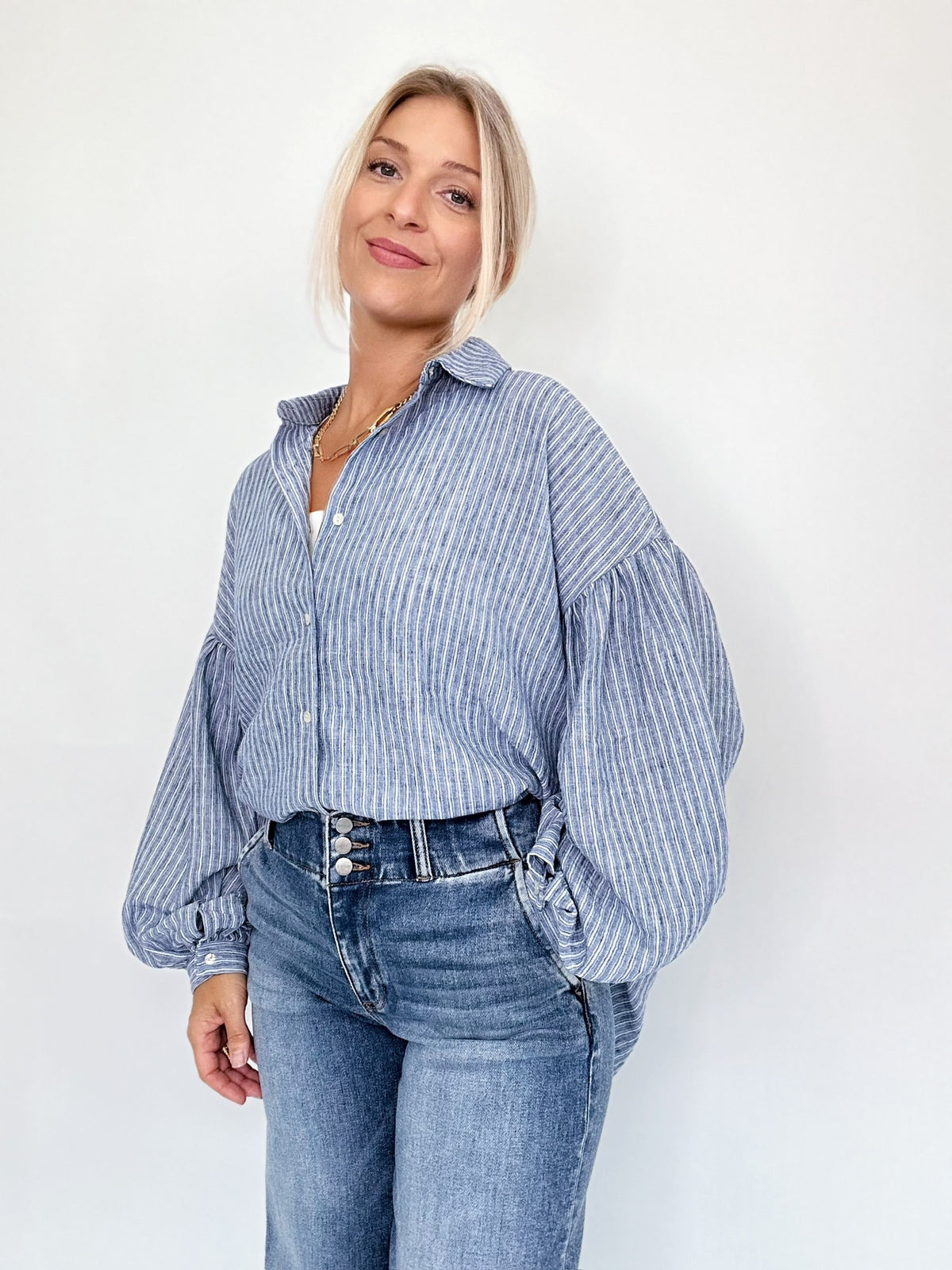 Macie Balloon Sleeve Stripe Shirt Blue