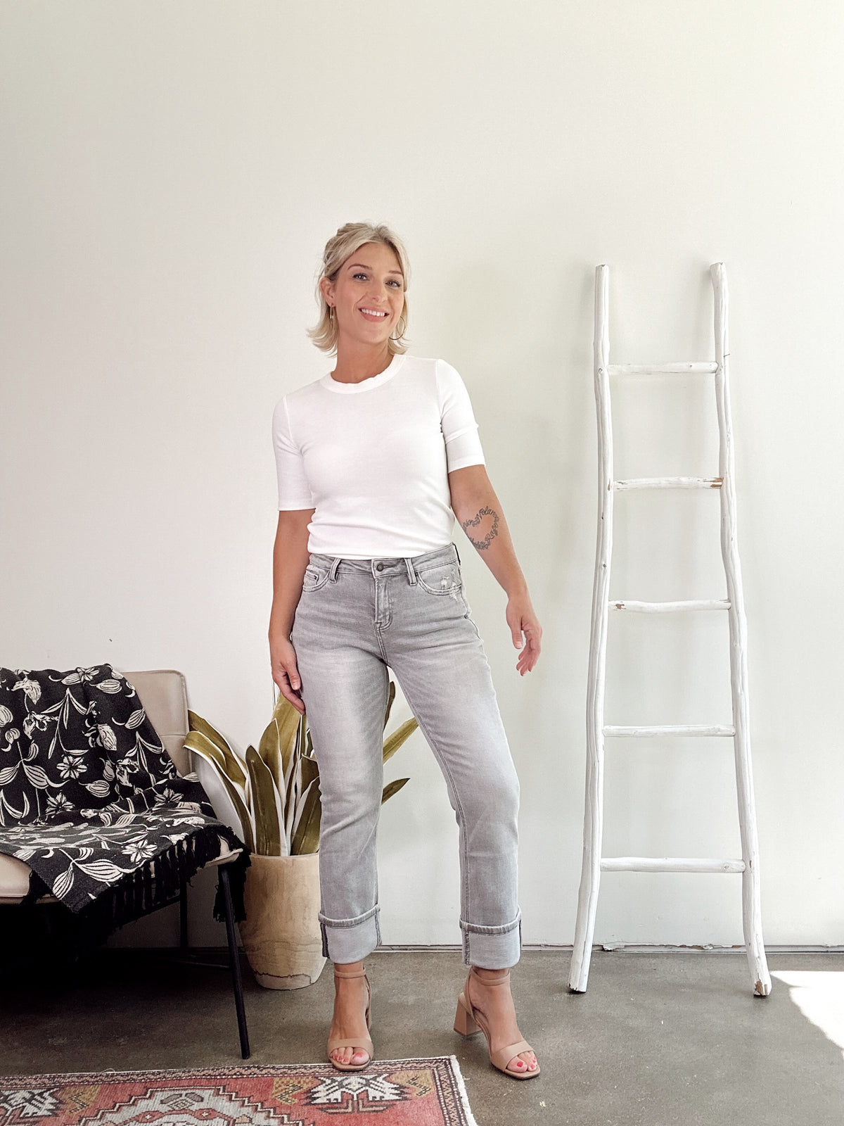 Kim Mid Rise Cuffed Straight Leg Jeans
