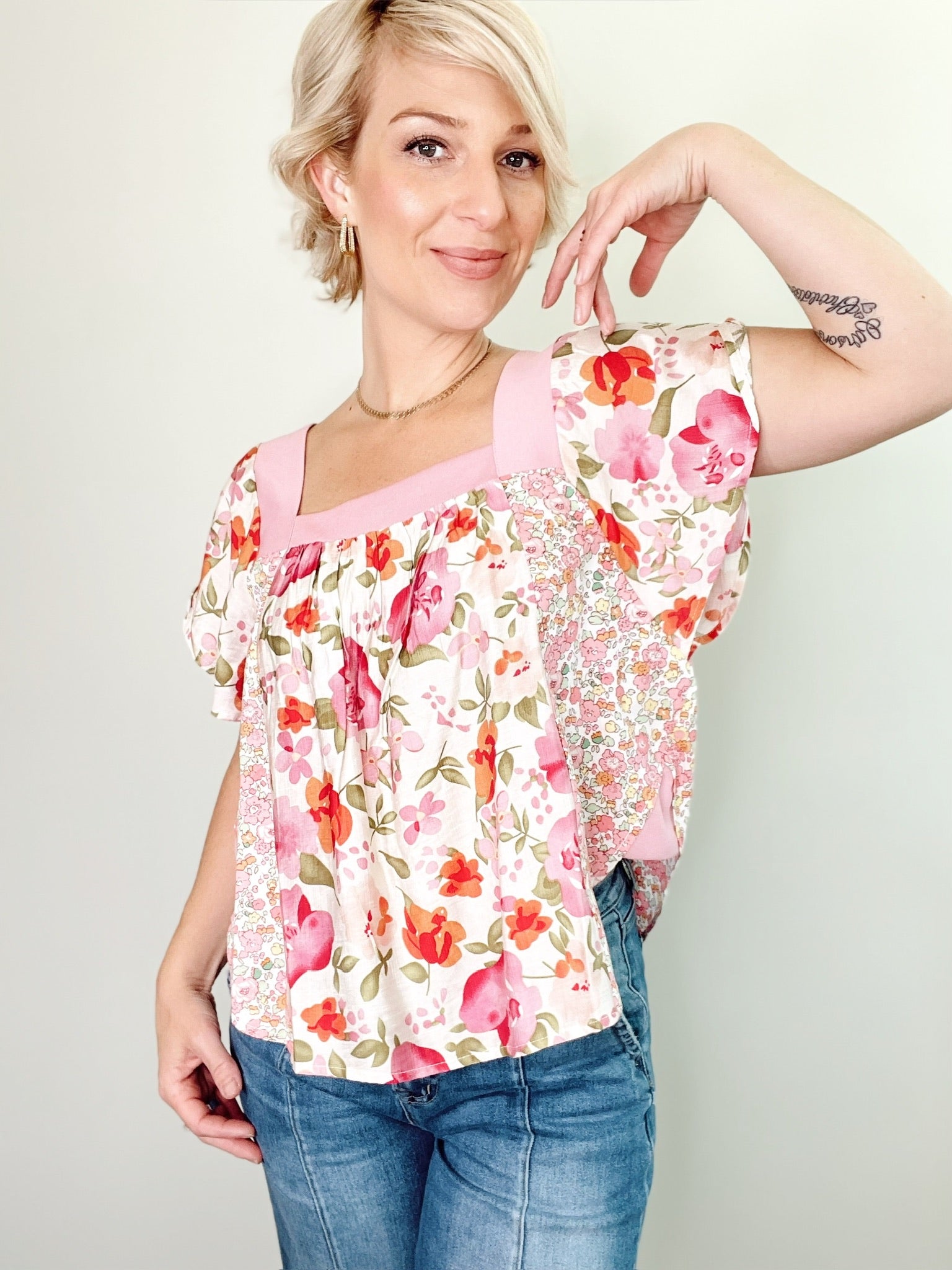 Mona Floral Square Neck Top Blush