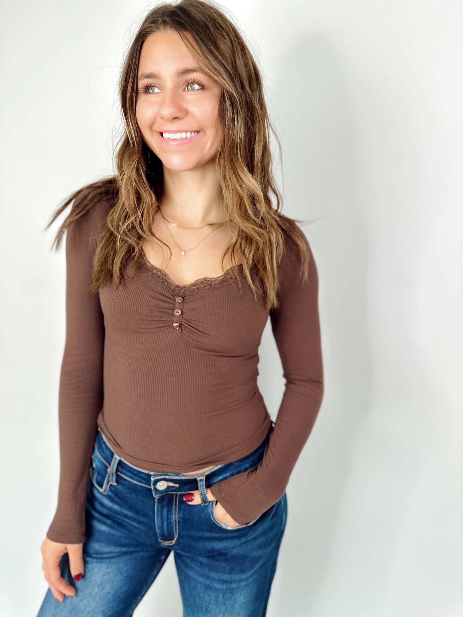 Parker Lace Trim Knit Top Dark Brown