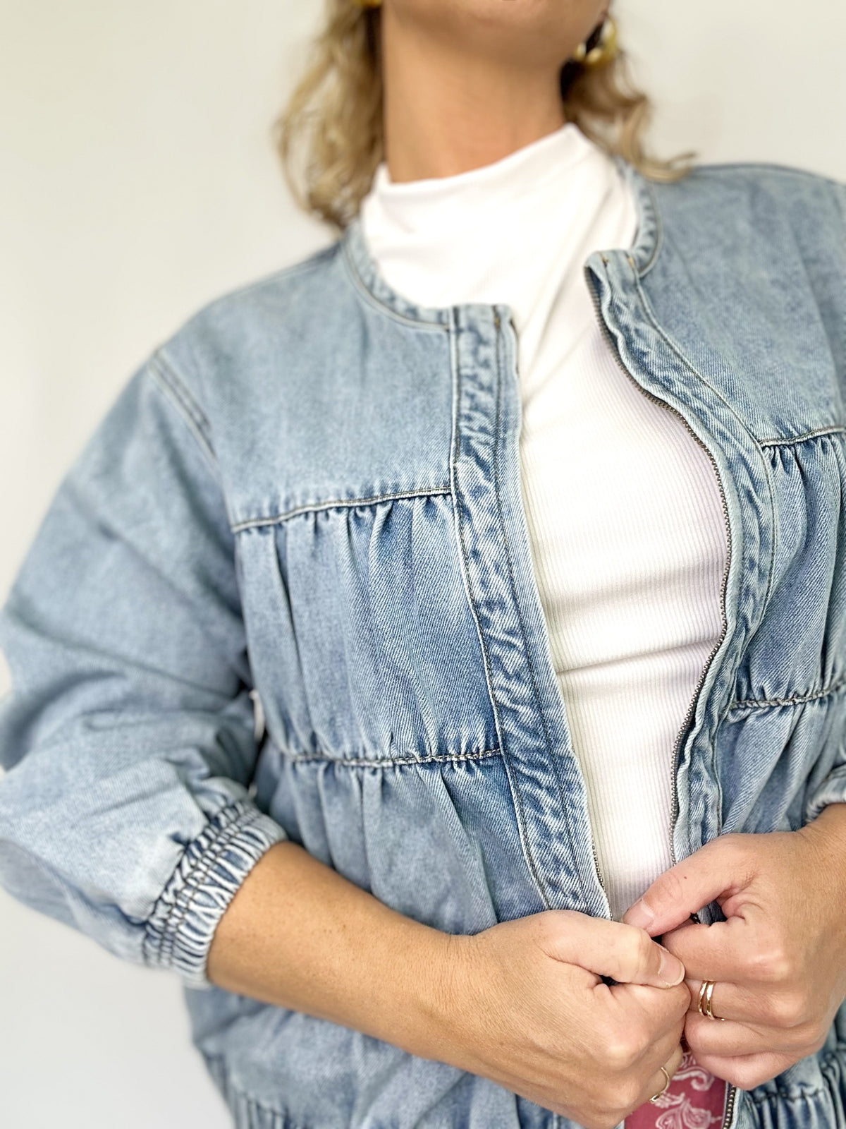 Dee Ruched Seam Denim Bomber Jacket