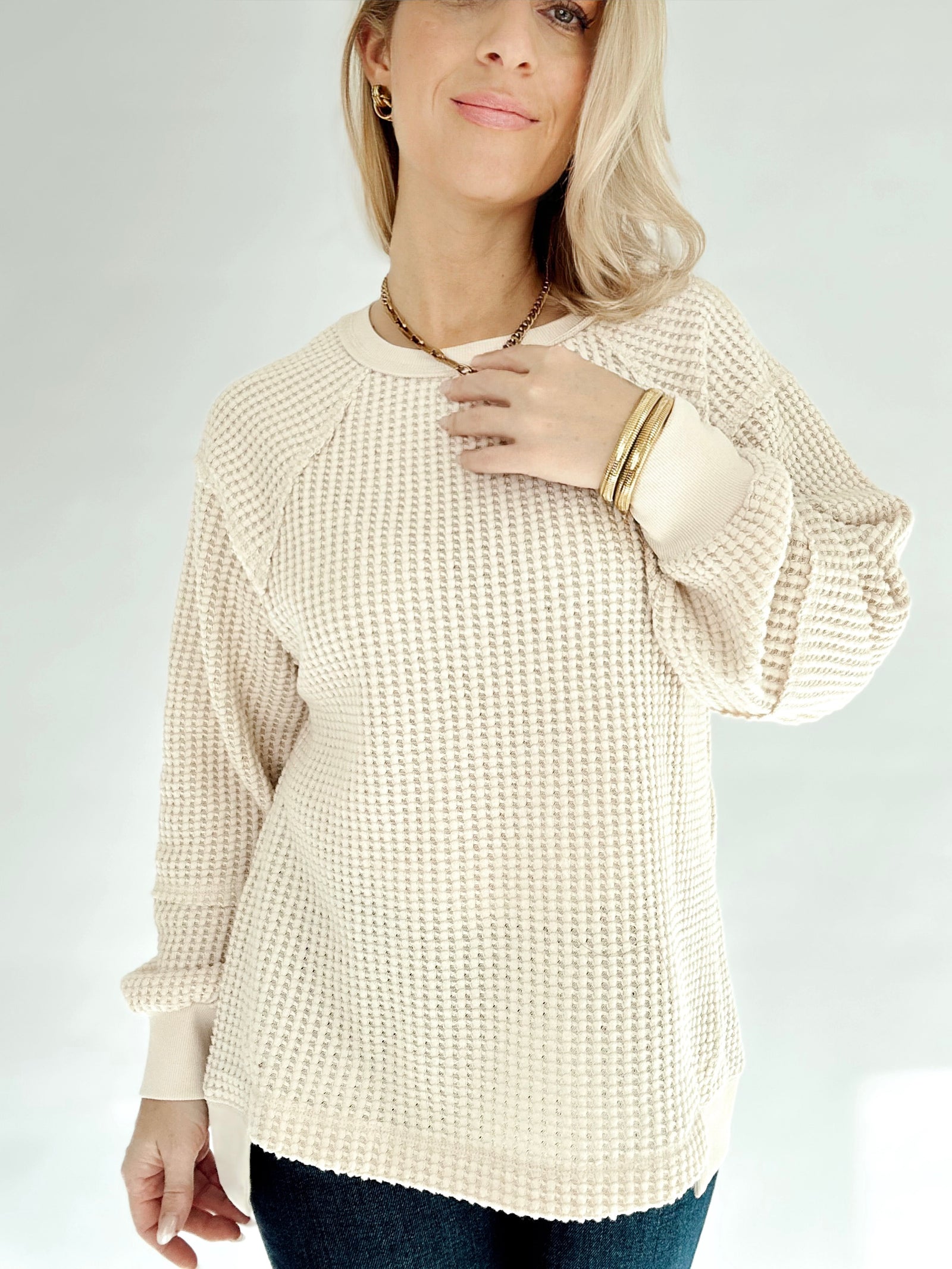 Tabitha Waffle Patch Detail Pullover Cream