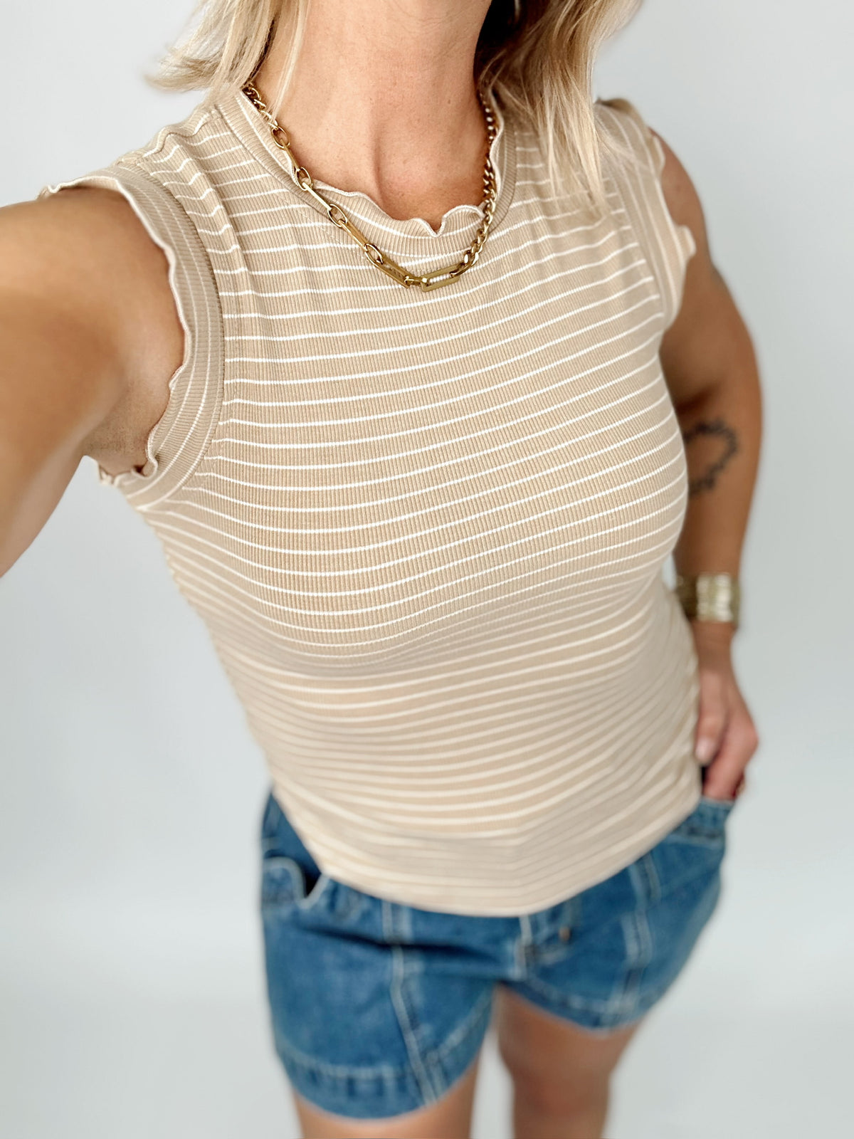 Jojo Stripe Ruffle Sleeve Top Biscuit