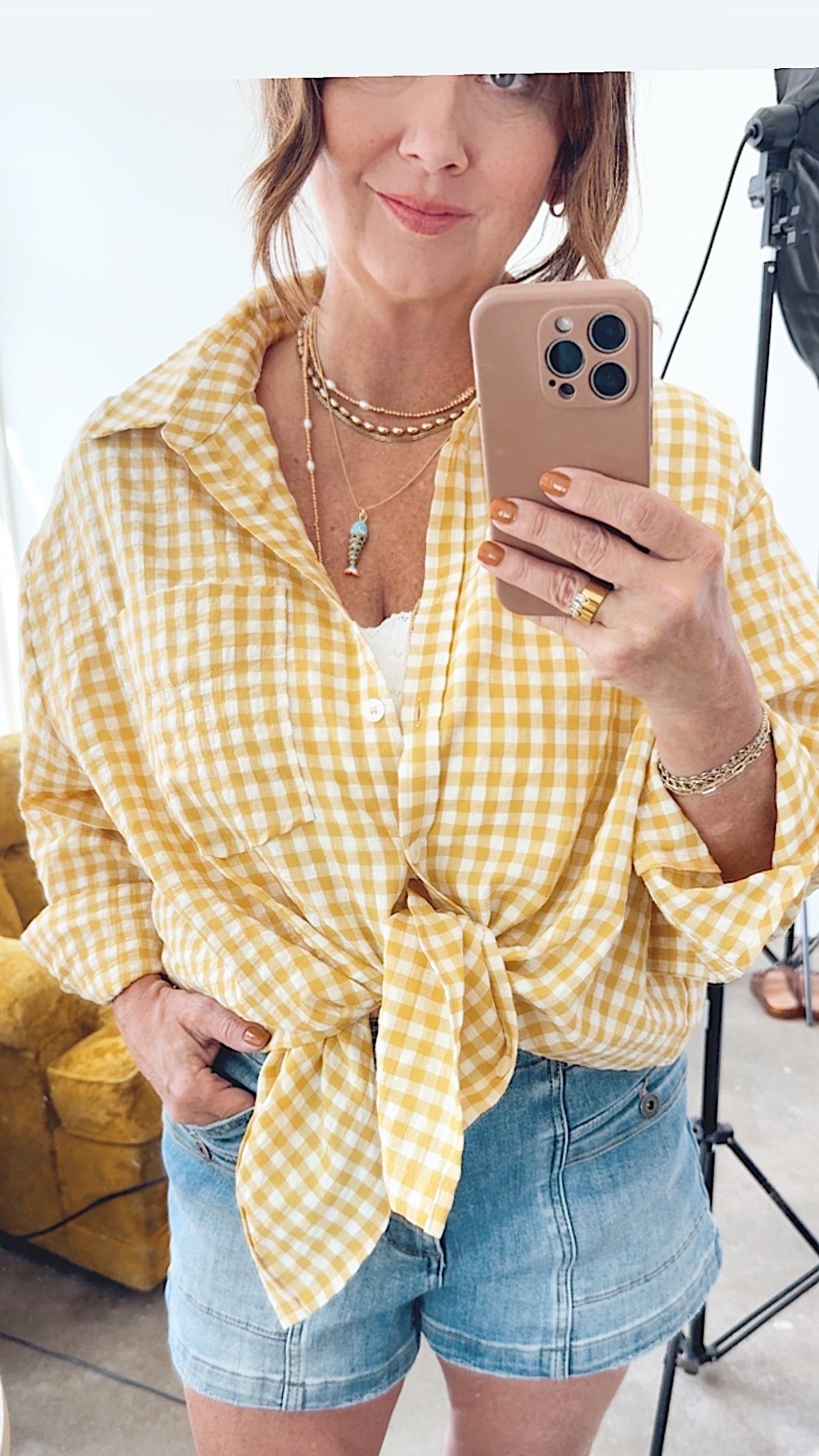 Bobbi Gingham Print Shirt Gold
