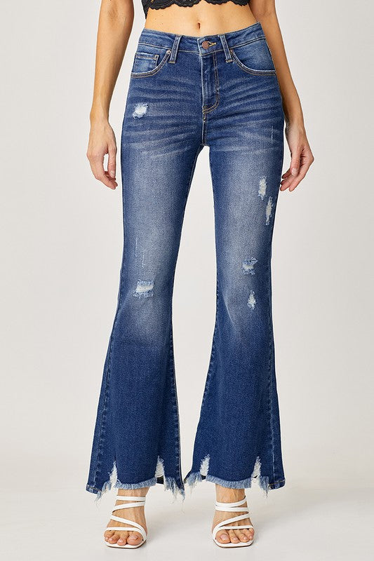 Distressed flare outlet jeans