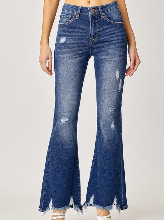 Jillian H/R Distressed Flare Jeans, Dark