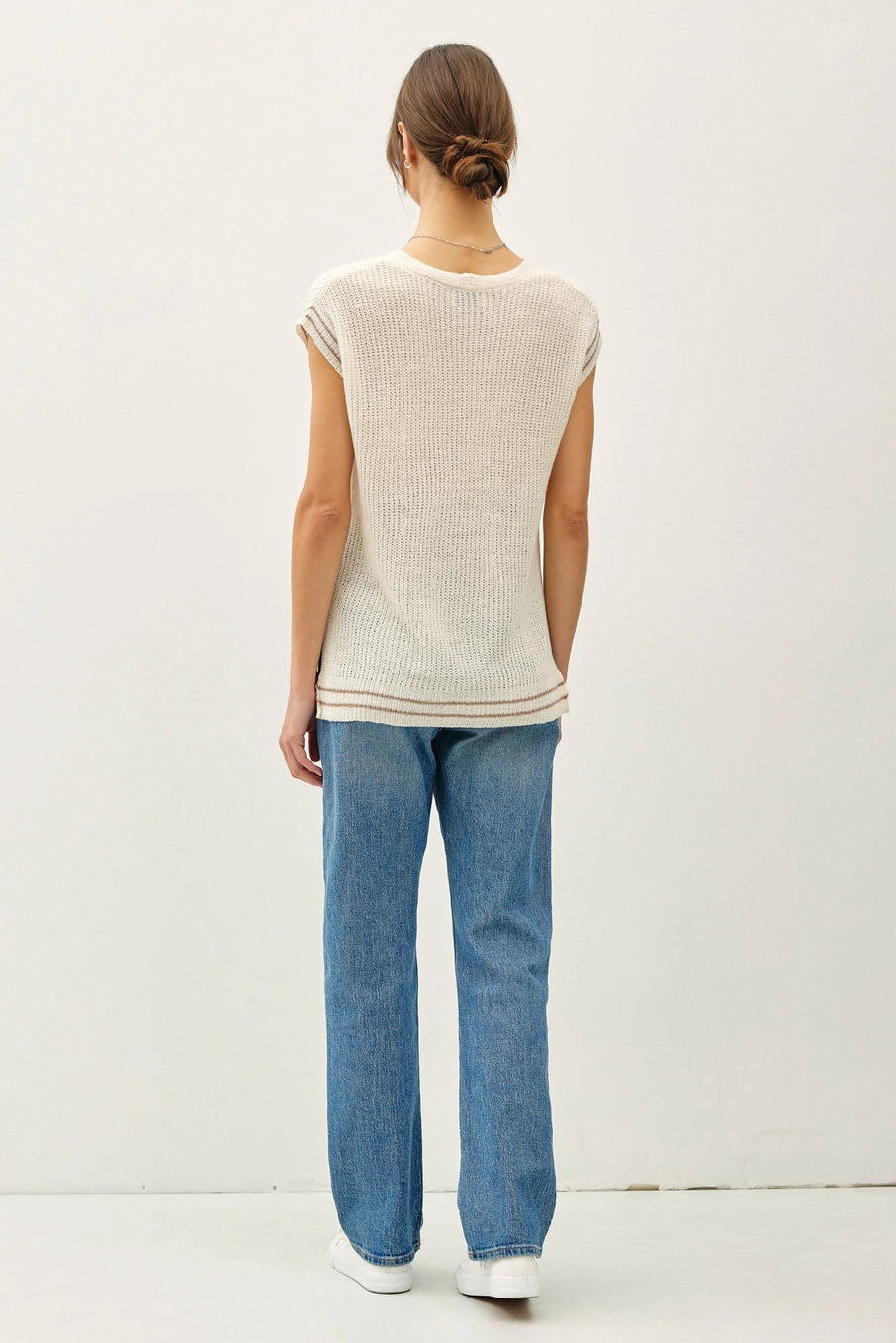 Megan V-Neck Sweater Vest W/Stripe Detail Natural
