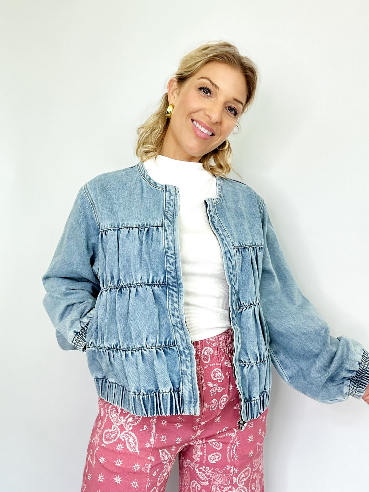 Dee Ruched Seam Denim Bomber Jacket
