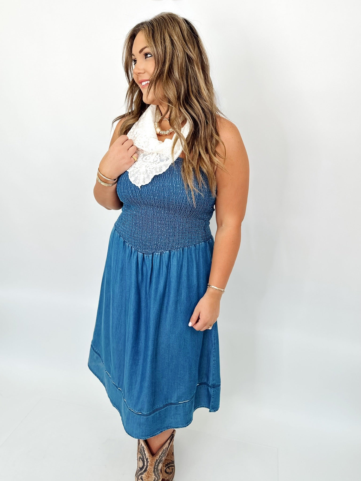 Ava Smocked Strapless Denim Midi Dress Blue