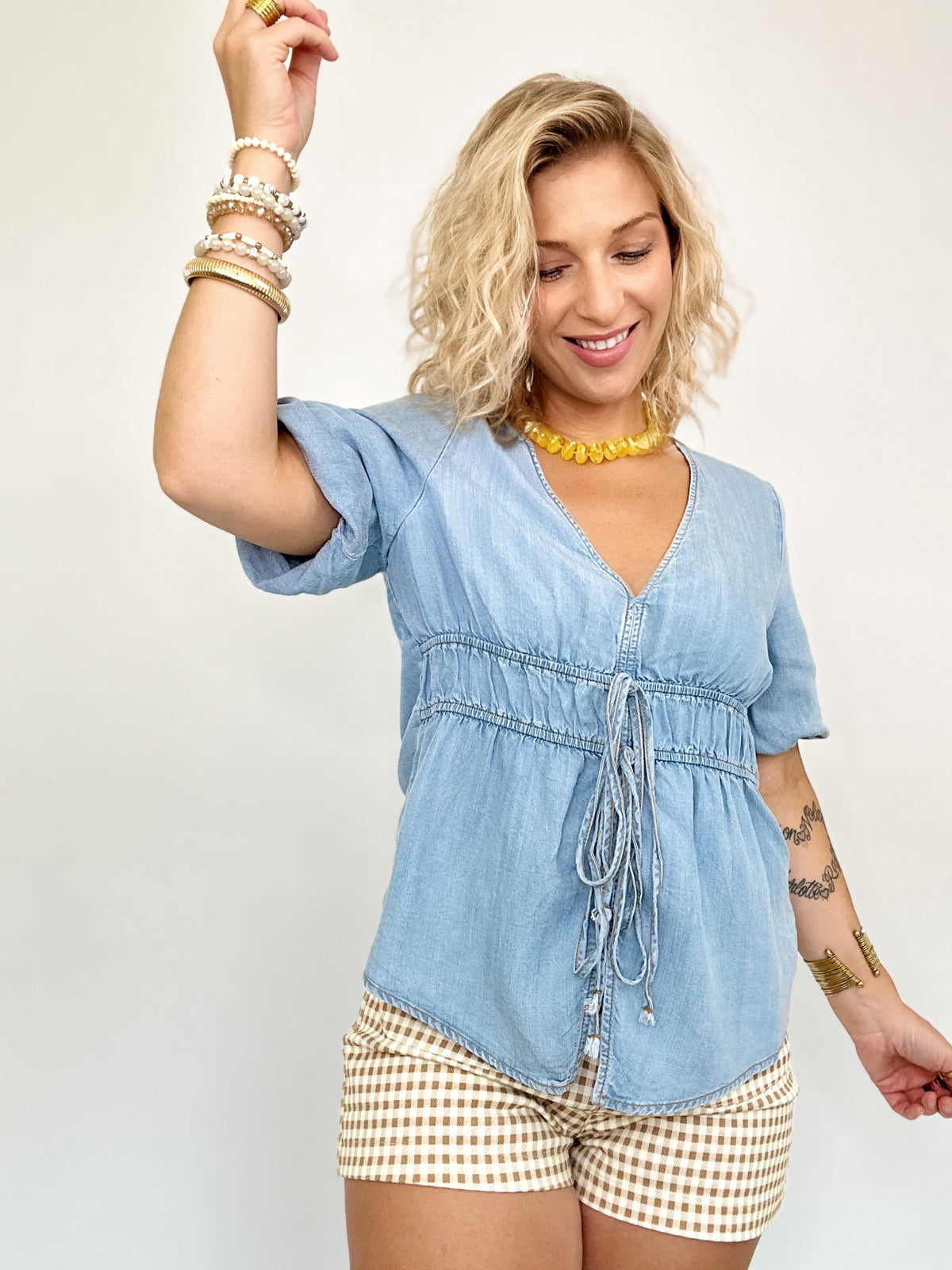 Kendall Bubble Sleeve Chambray Denim Top Light