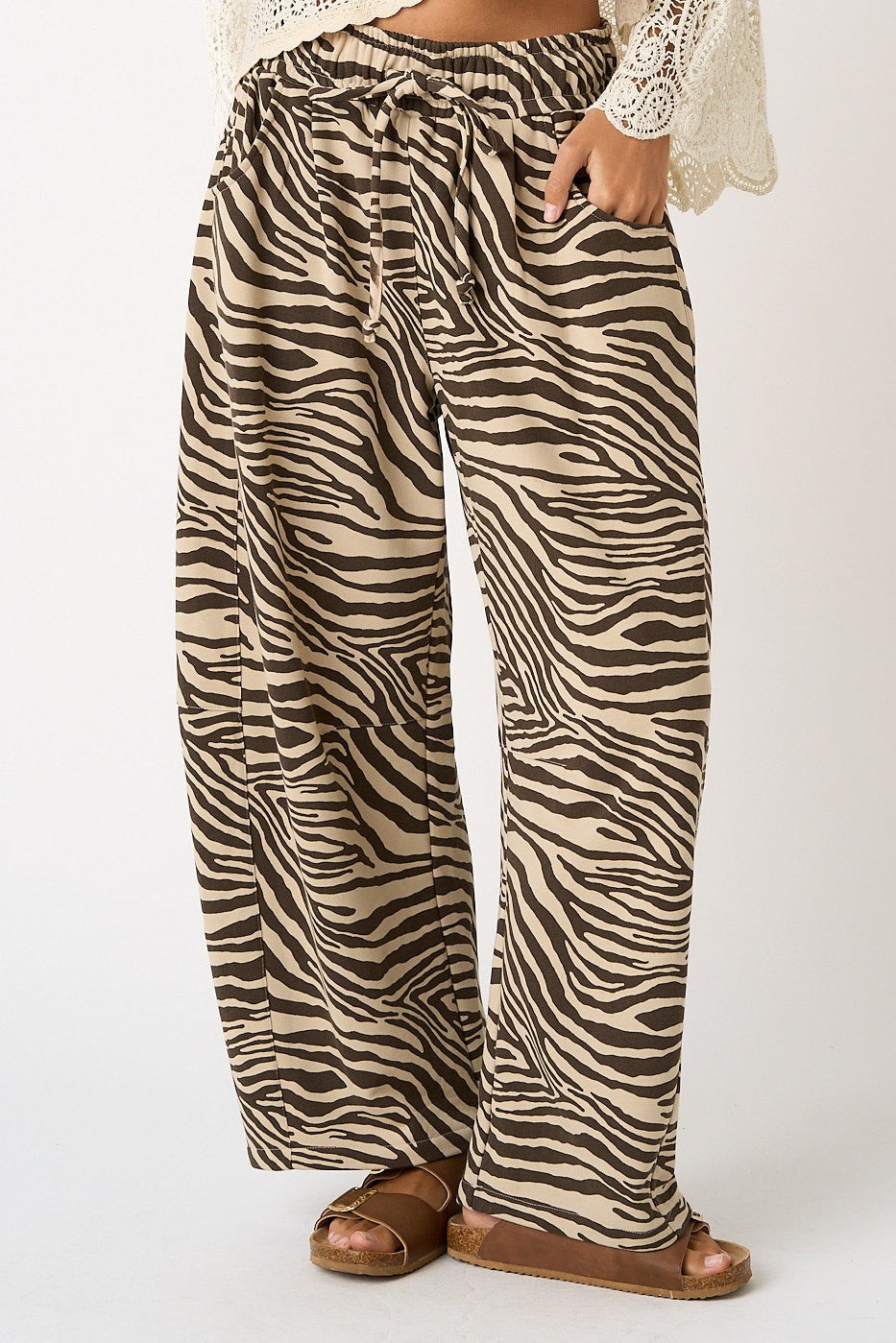 Lou Zebra Print Barrel Leg Pants Brown/Beige