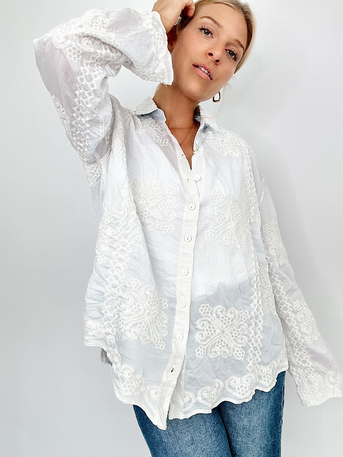 Lori Embroidery Long Sleeve Shirt Sky Blue
