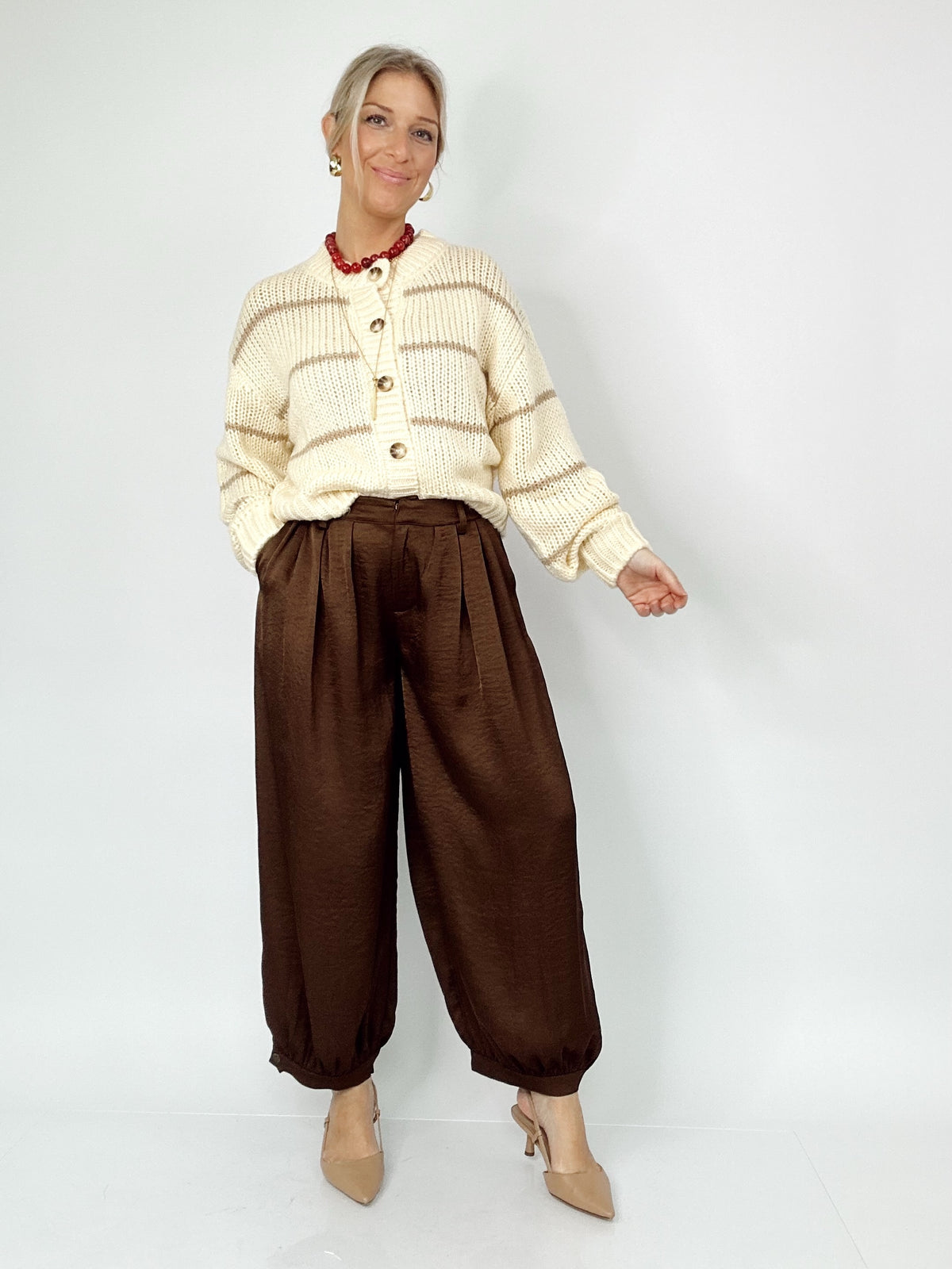 Della Satin Shirring Baggy Dress Pants Brown