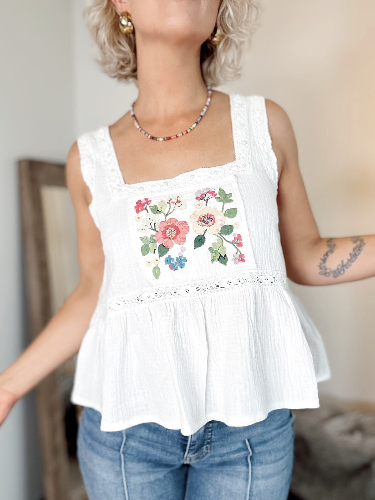 Hillary Floral Square Neck Tank Off White