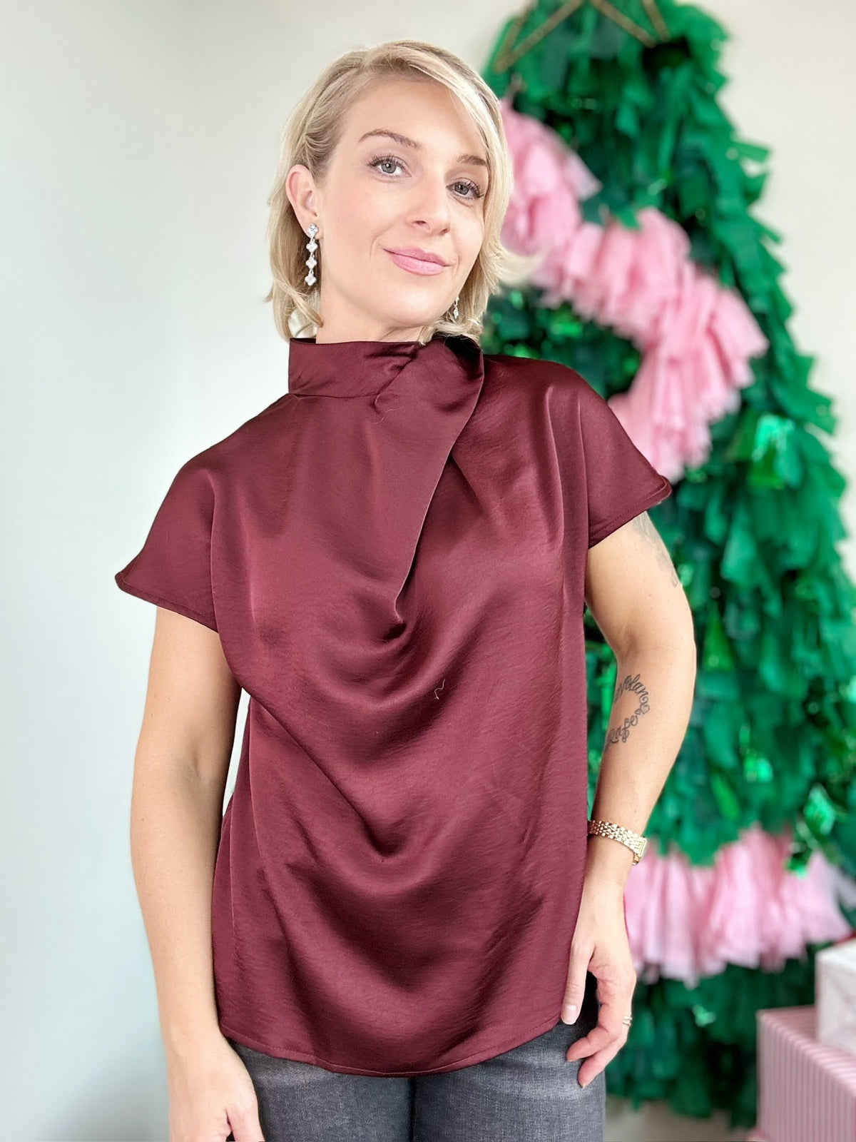 Whitlee Cross Mock Neck Top Wine
