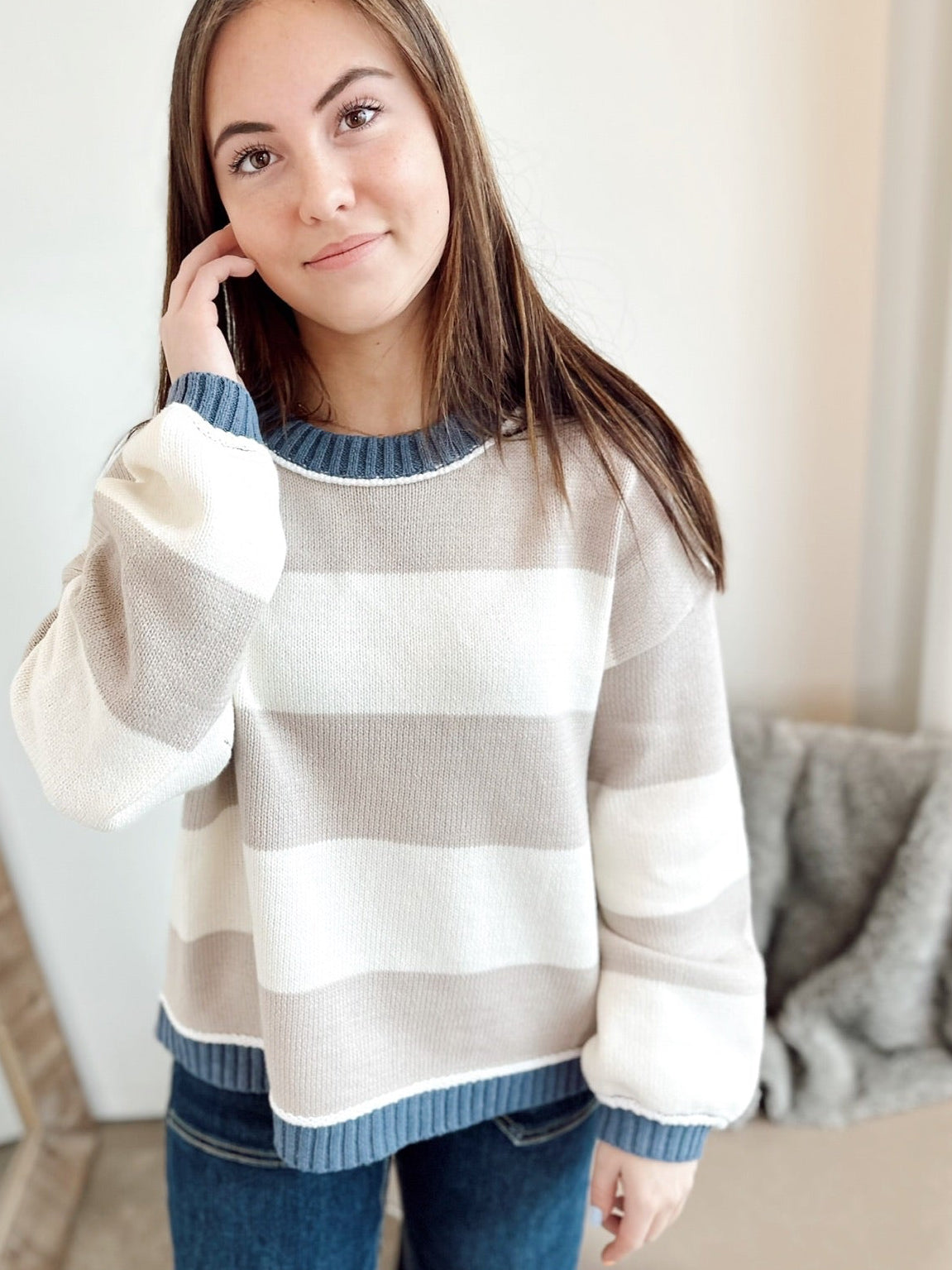 Melanie Striped Color Block Sweater Neutral