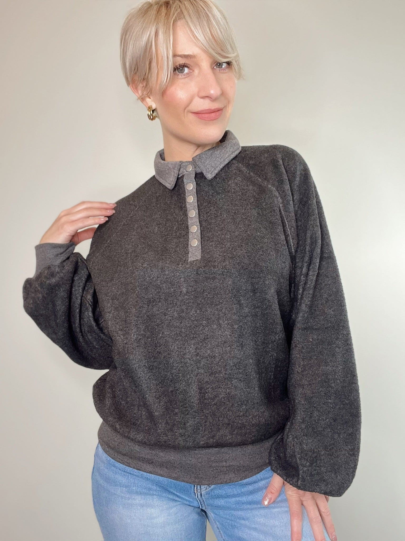 Laura Collared Half-Button Sweatshirt Charcoal