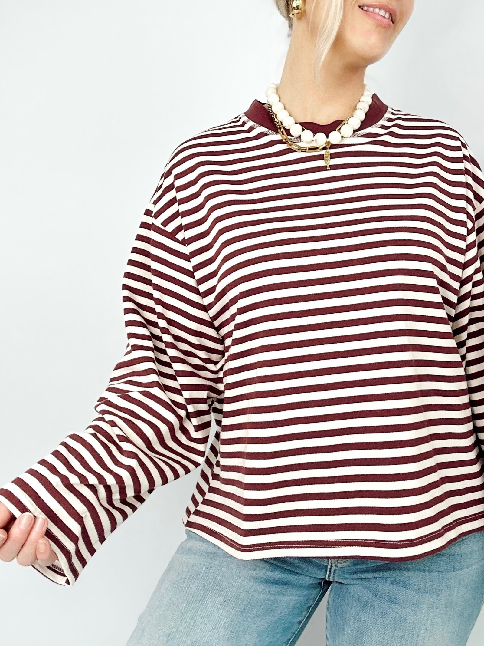 Brielle Striped Contrast Top Burgundy Multi
