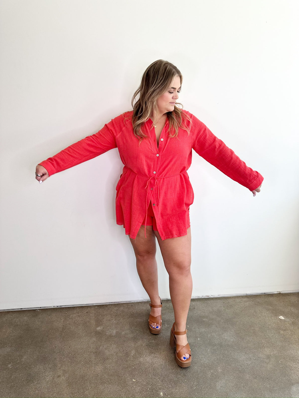 Rebecca Shirt Romper Coral Red