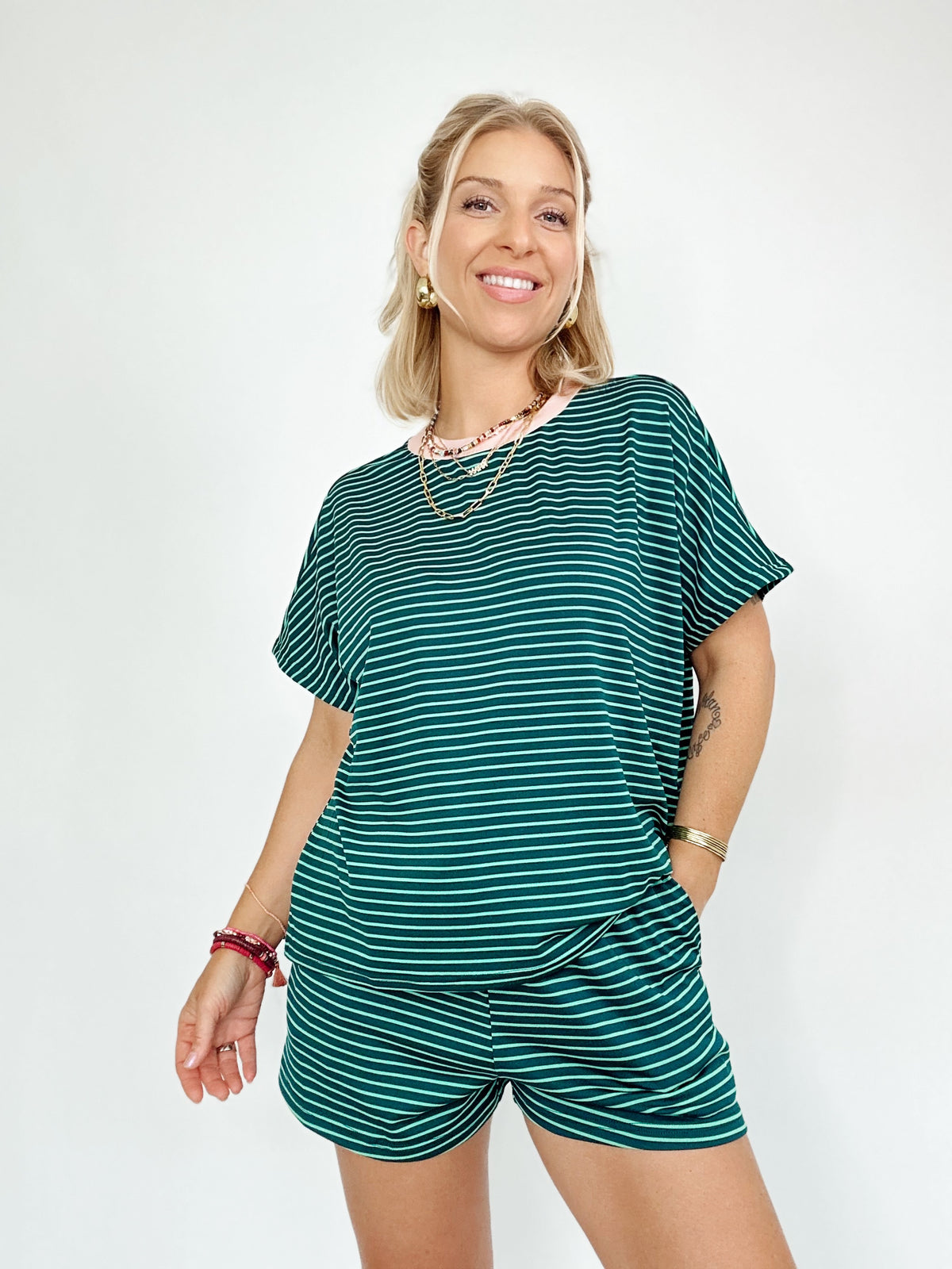 Annie Striped Tee &amp; Short Set Green