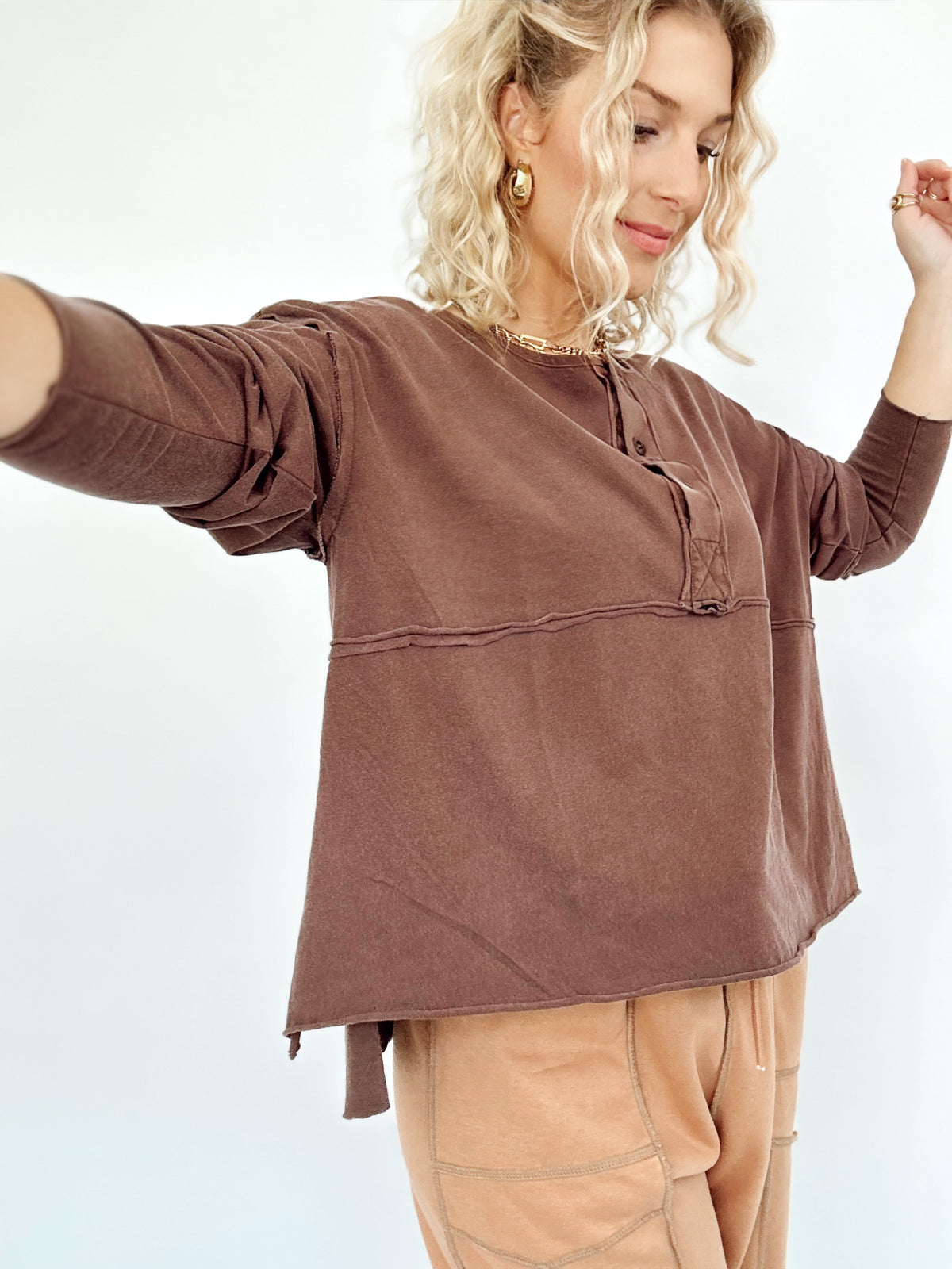 Nadia Oversized Henley Top Dark Brown