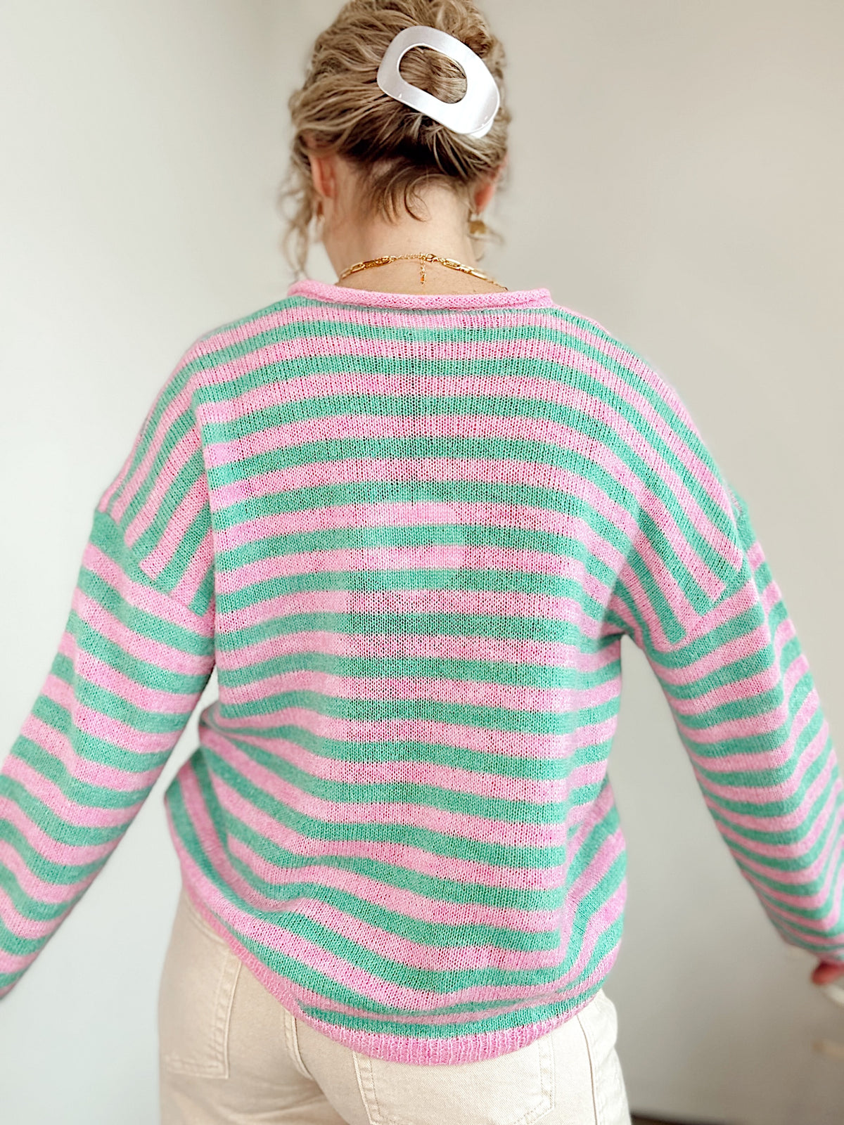 Rue Stripe Half Button Sweater Pink/Mint