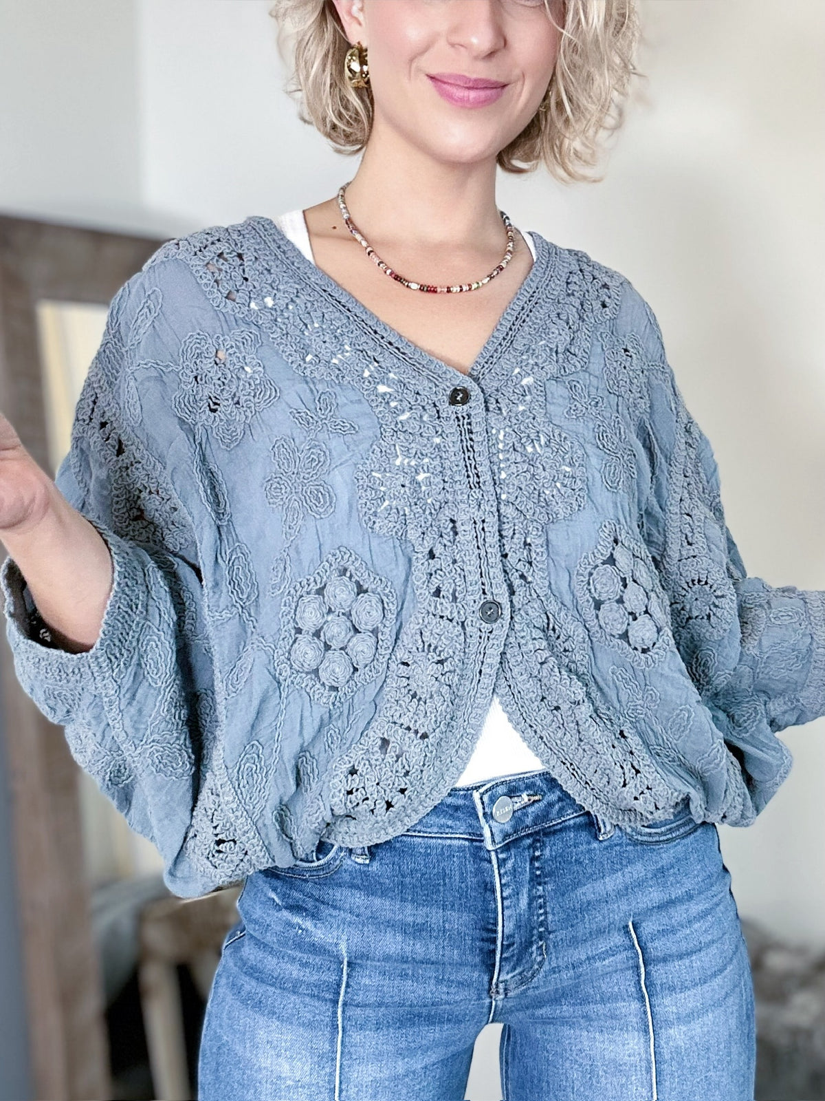 Carol Crochet Cardigan Top Grey