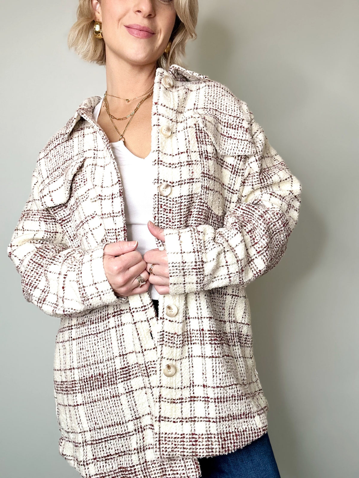 Maya Plaid Shirt Jacket Burgundy/Cream