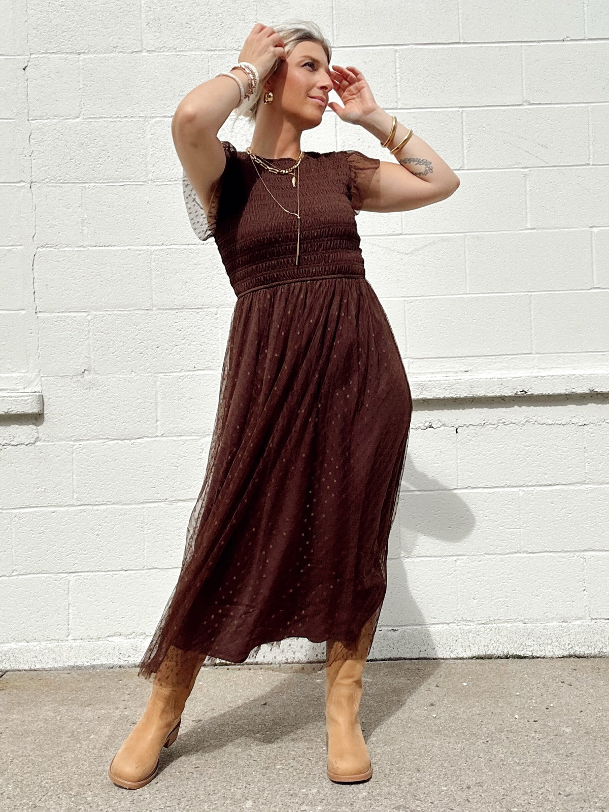 Tasha Polka Dot Chiffon Midi Dress Brown