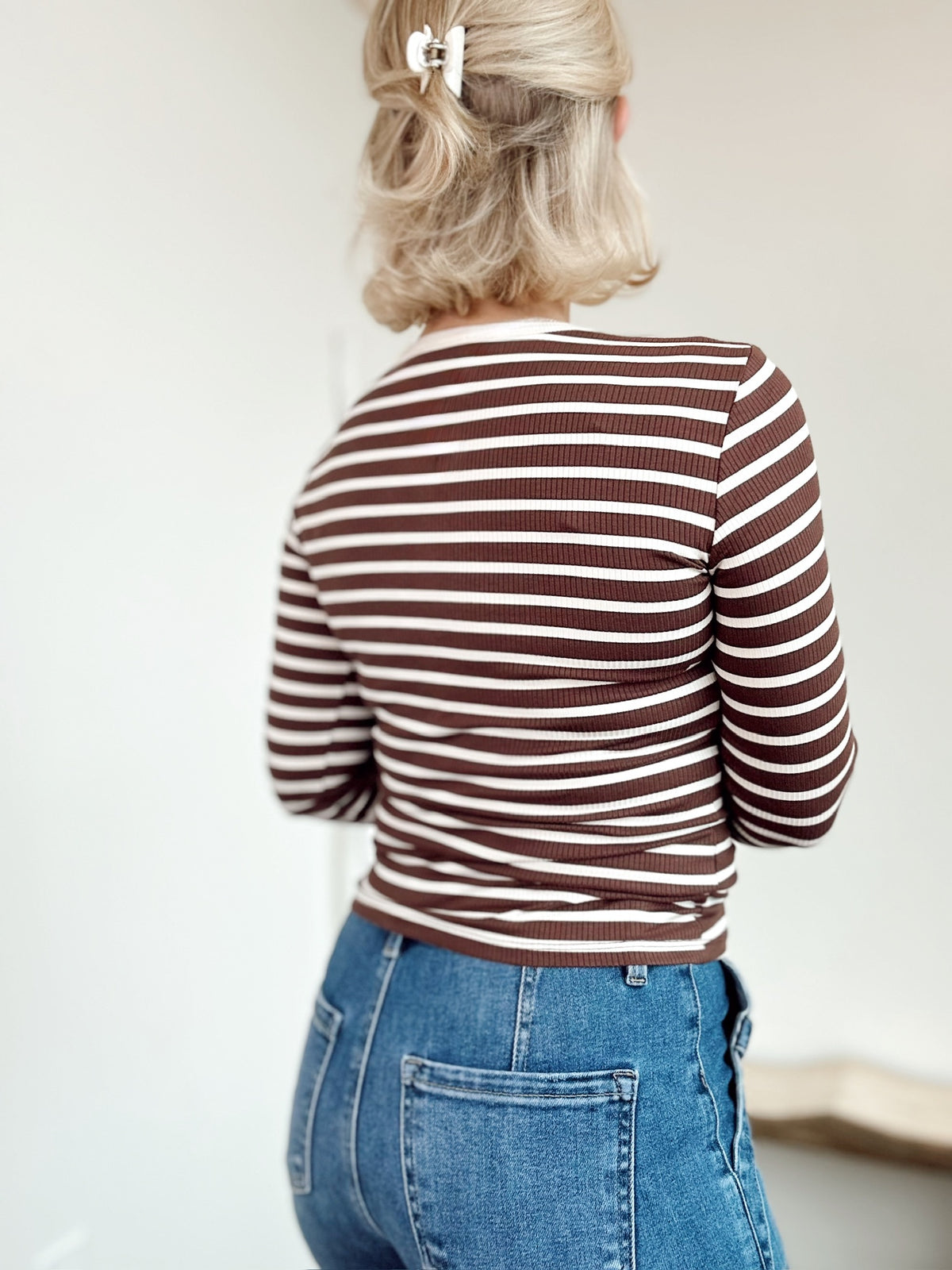 Bridget Stripe Knit Henley Top Chocolate