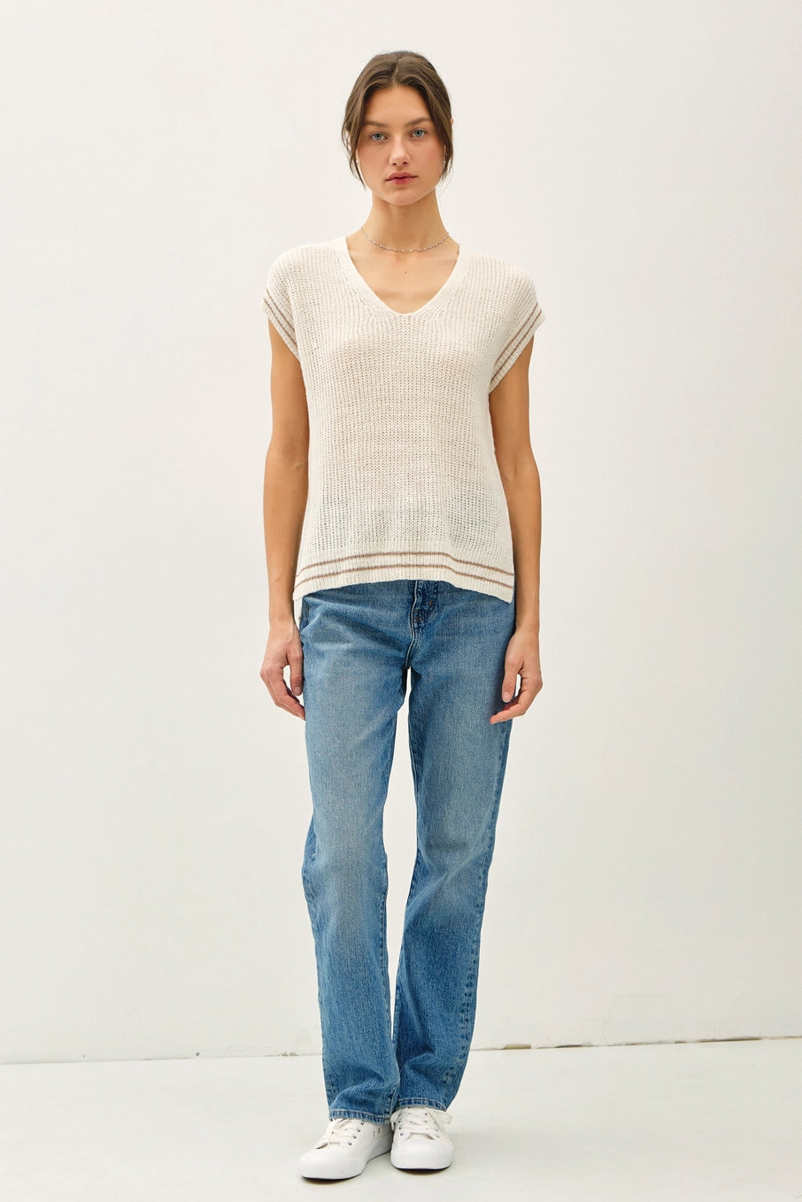 Megan V-Neck Sweater Vest W/Stripe Detail Natural