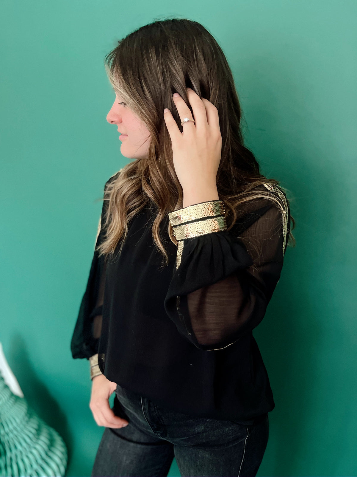 Isabella Raglan Sequin Chiffon Top Black