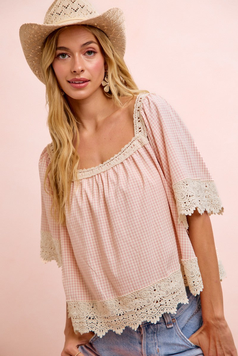 Ginger Gingham &amp; Lace Top Blush