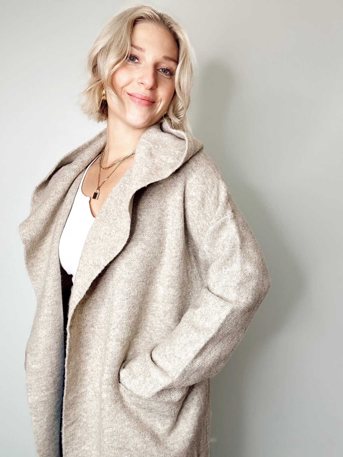 Jill Hooded Cardigan Coat Taupe